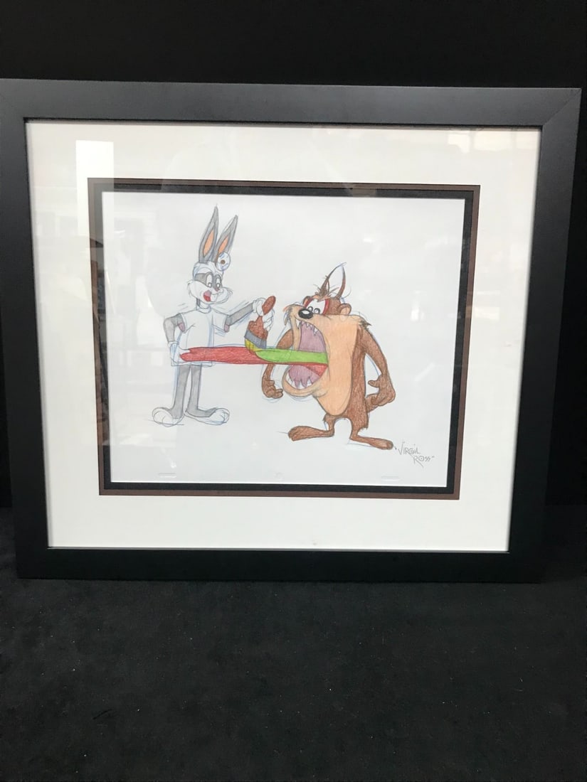 LTD EDITION CUSTOM FRAMED VIRGIL ROSS BUGS BUNNY AND TAZ SKETCH (1 of 3)