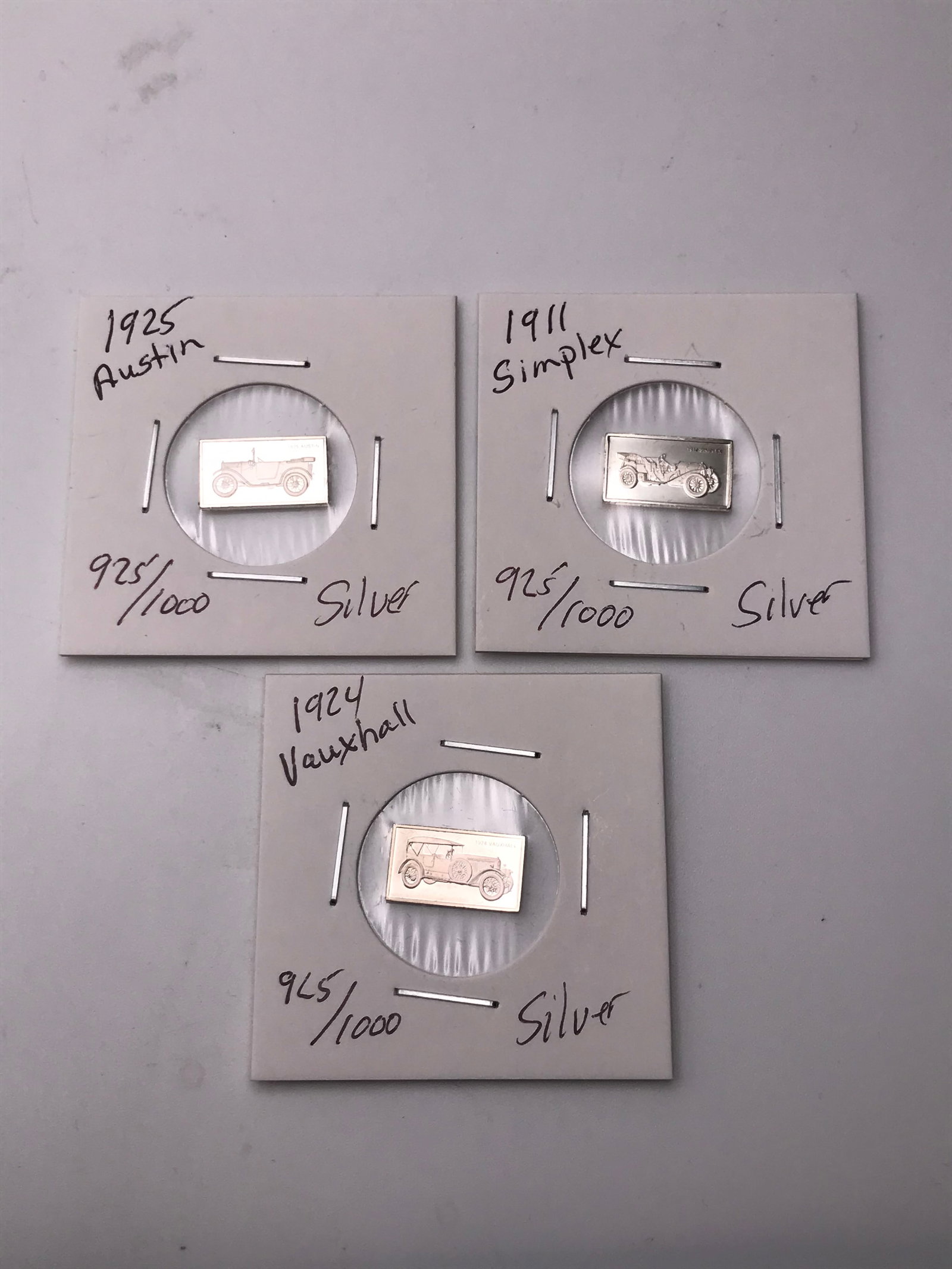 LOT OF 3 SOLID SILVER INGOTS 1925 AUSTIN, 1911 SIMPLEX , 1924 VAUXHALL: Prices are in Canadian dollars