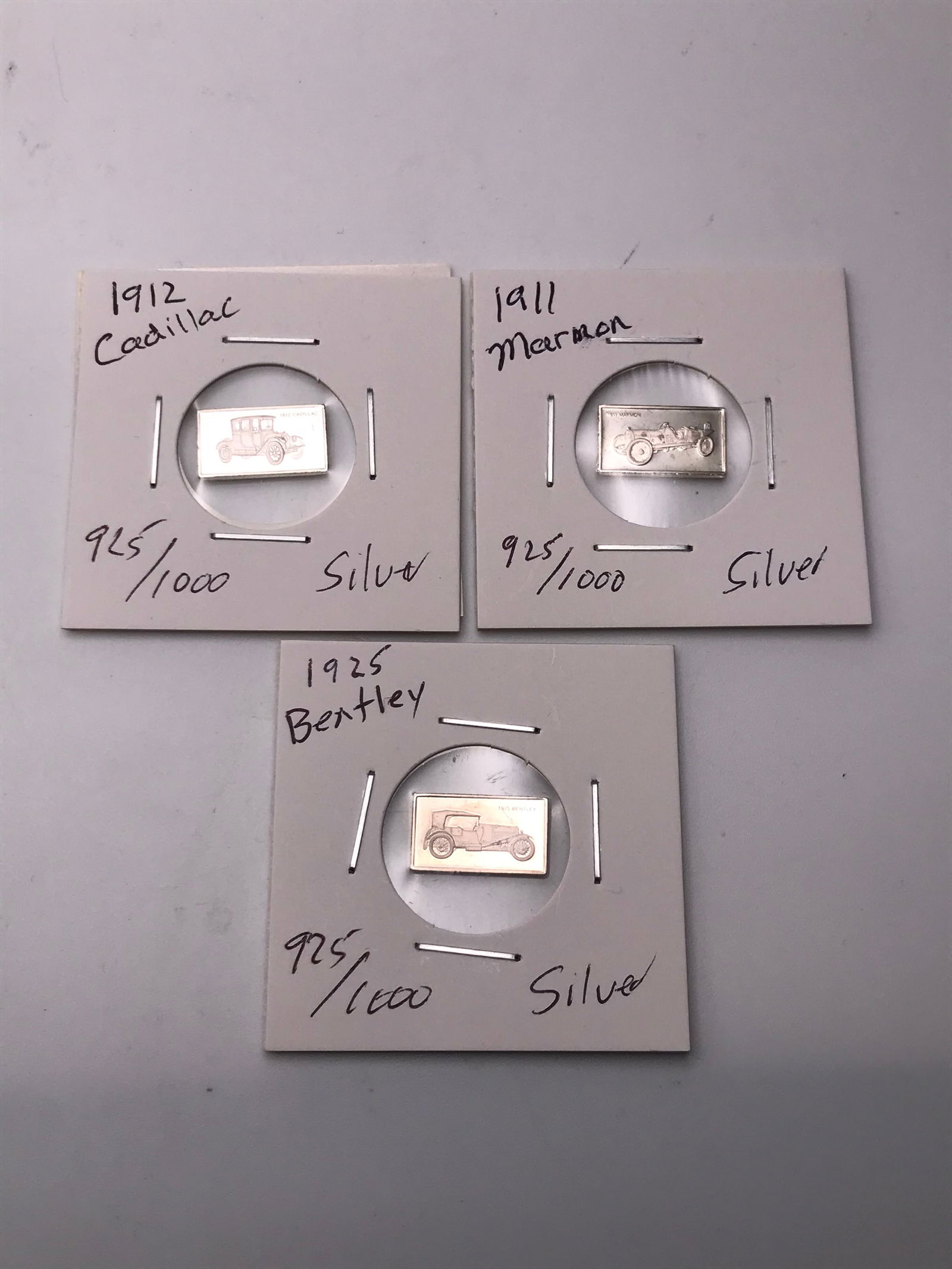 LOT OF 3 SOLID SILVER INGOTS 1912 CADILLAC ,1911 MARMON, 1925 BENTLEY (1 of 1)