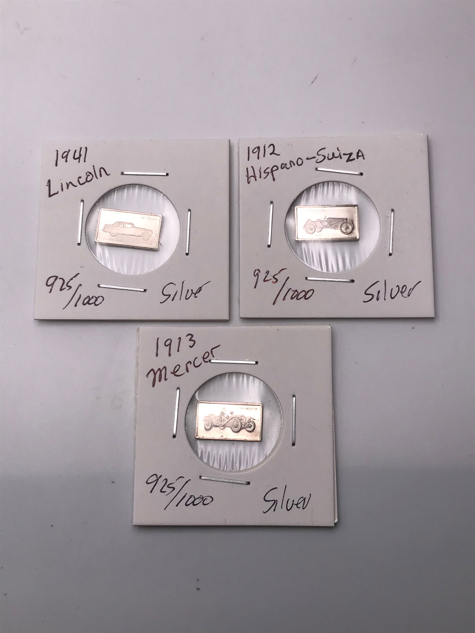 LOT OF 3 SOLID SILVER INGOTS 1941 LINCOLN, 1912 HISPANO-SUIZA, 1913 MERCER (1 of 1)