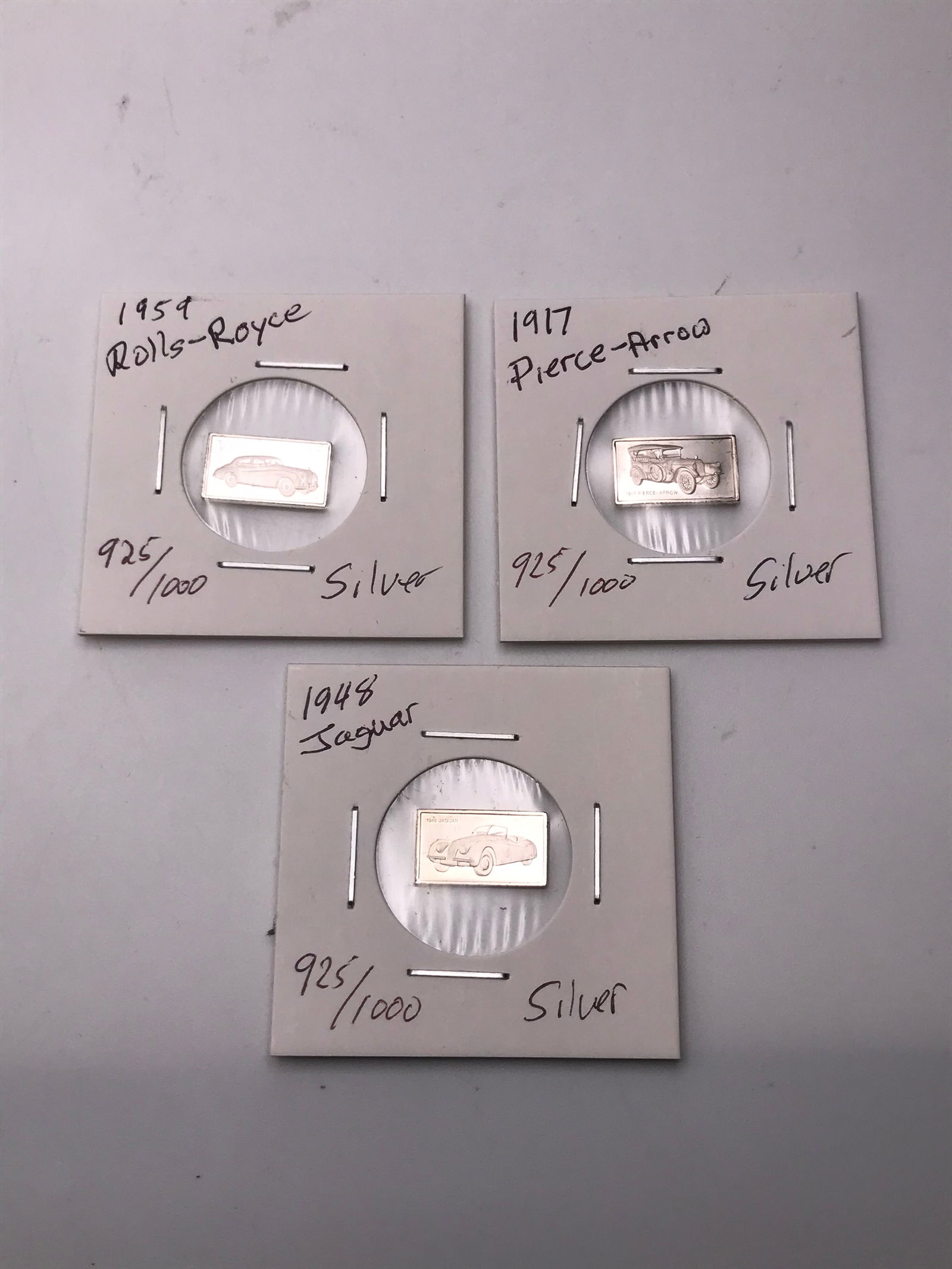 LOT OF 3 SOLID SILVER INGOTS 1959 ROLLS-ROYCE , 1917 PIERCE-ARROW, 1948 JAGUAR (1 of 1)