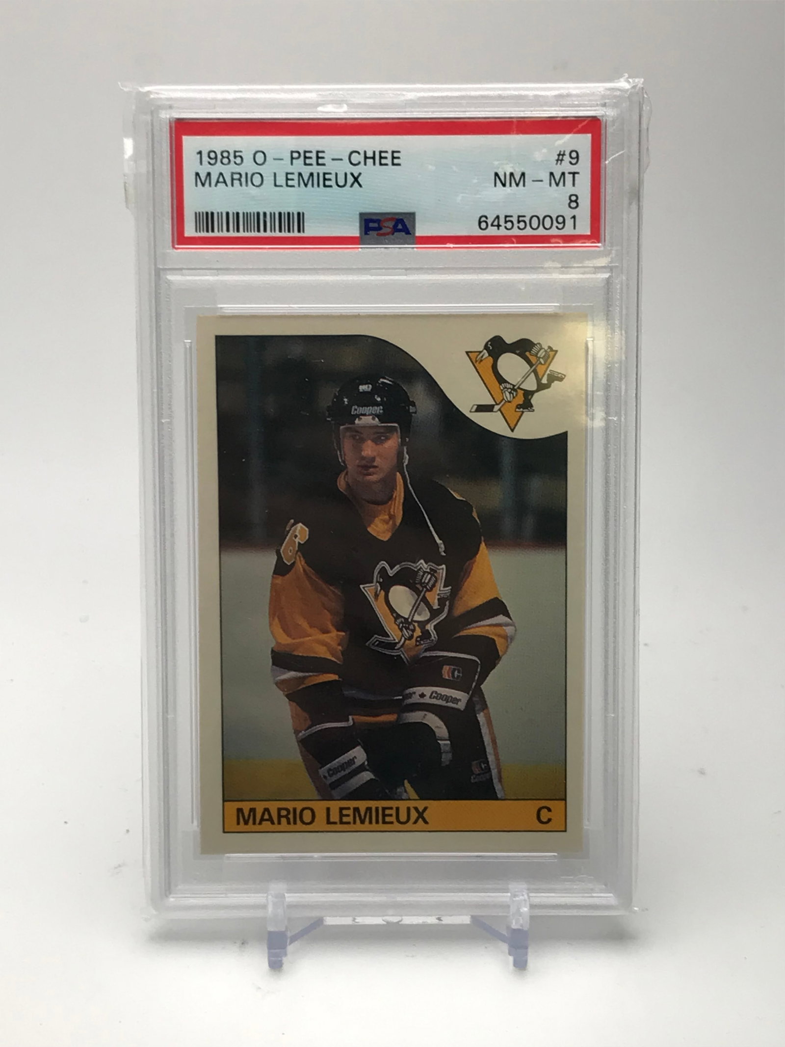 1985 O-PEE-CHEE NO.9 MARIO LEMIEUX ROOKIE CARD PSA GRADED 8: Prices are in Canadian dollars