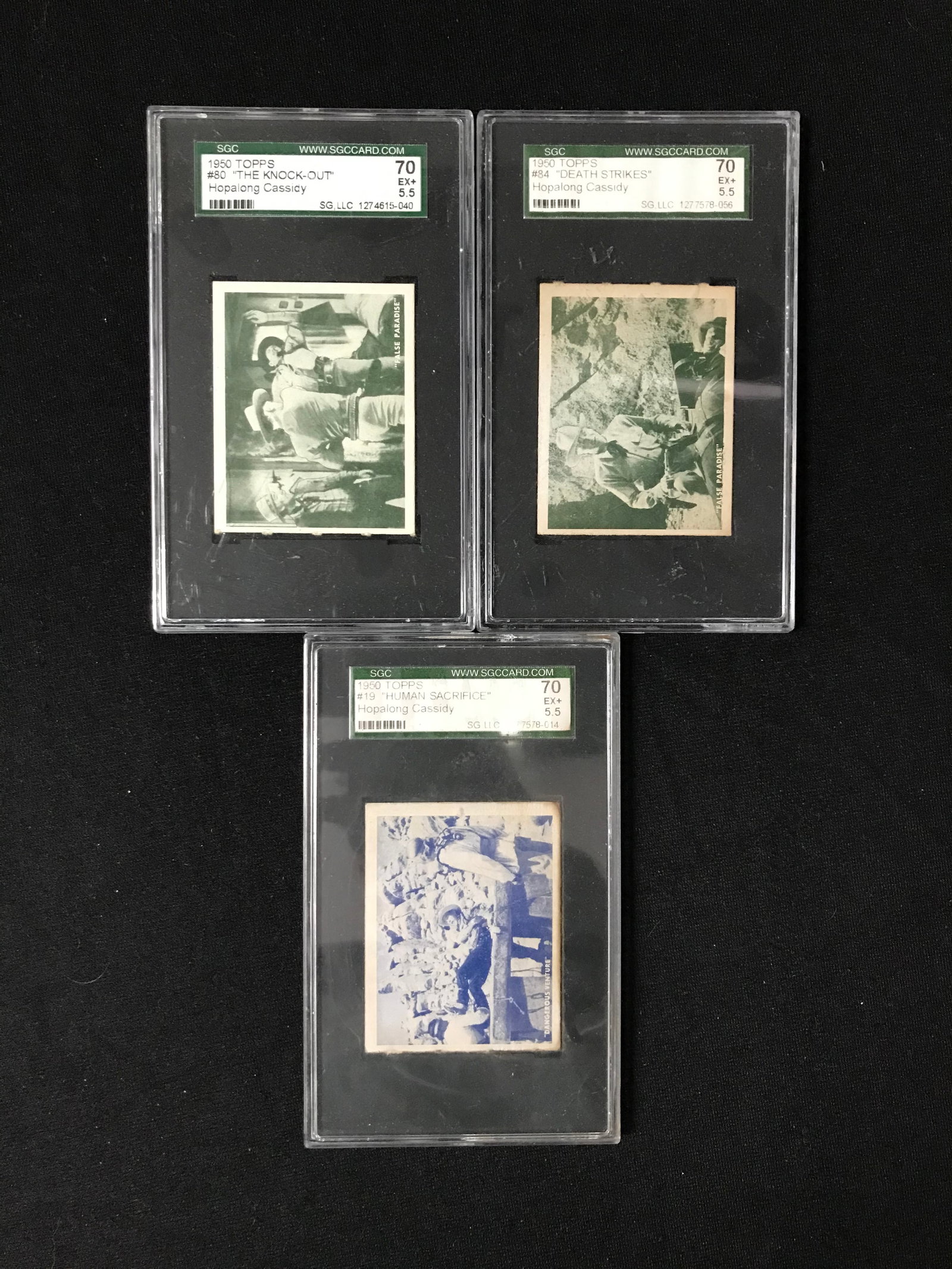 LOT OF 3 1950 TOPPS HOPALONG CASSIDY CARDS #19, #80, #84 (SGC COA EX+ 5.5): Prices are in Canadian dollars