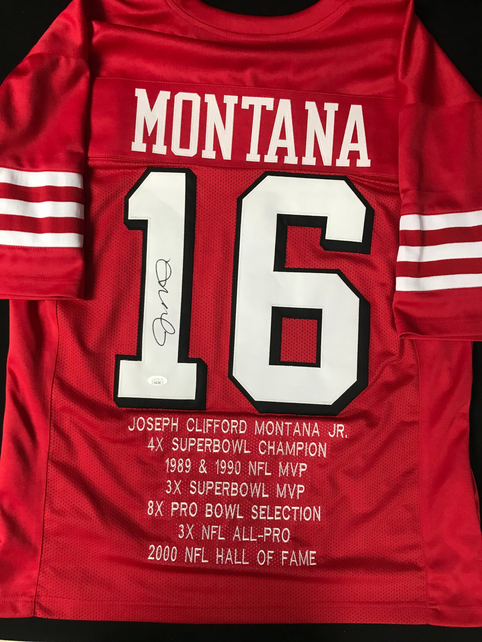JOE MONTANA SIGNED SAN FRANCISCO 49ER CAREER STAT JERSEY (JSA COA): Prices are in Canadian dollars
