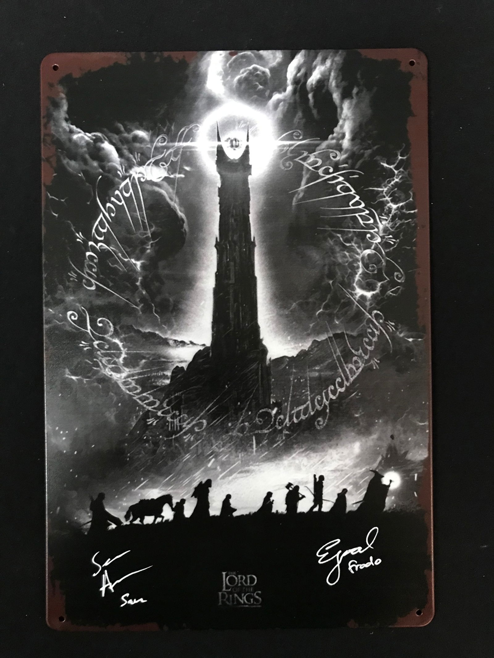 ELIJAH WOOD AND SEAN ASTIN DUAL SIGNED LORD OF THE RINGS TIN SIGN WITH CHARACTER INSCRIPTIONS - WWOC (1 of 1)