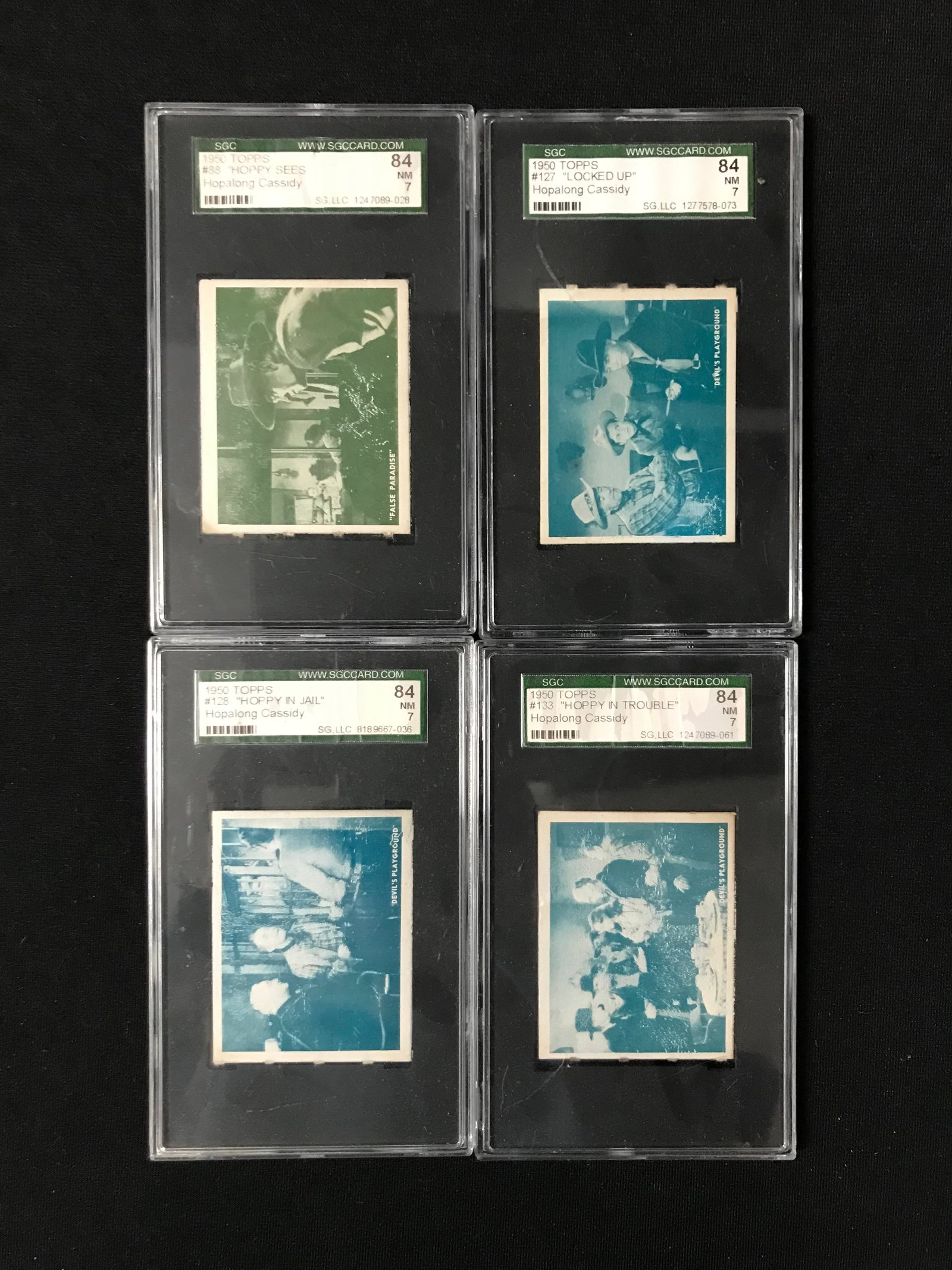 1950 TOPPS HOPALONG CASSIDY TRADING CARDS #88, 127, 128, 133 (SGC GRADED 7): Prices are in Canadian dollars