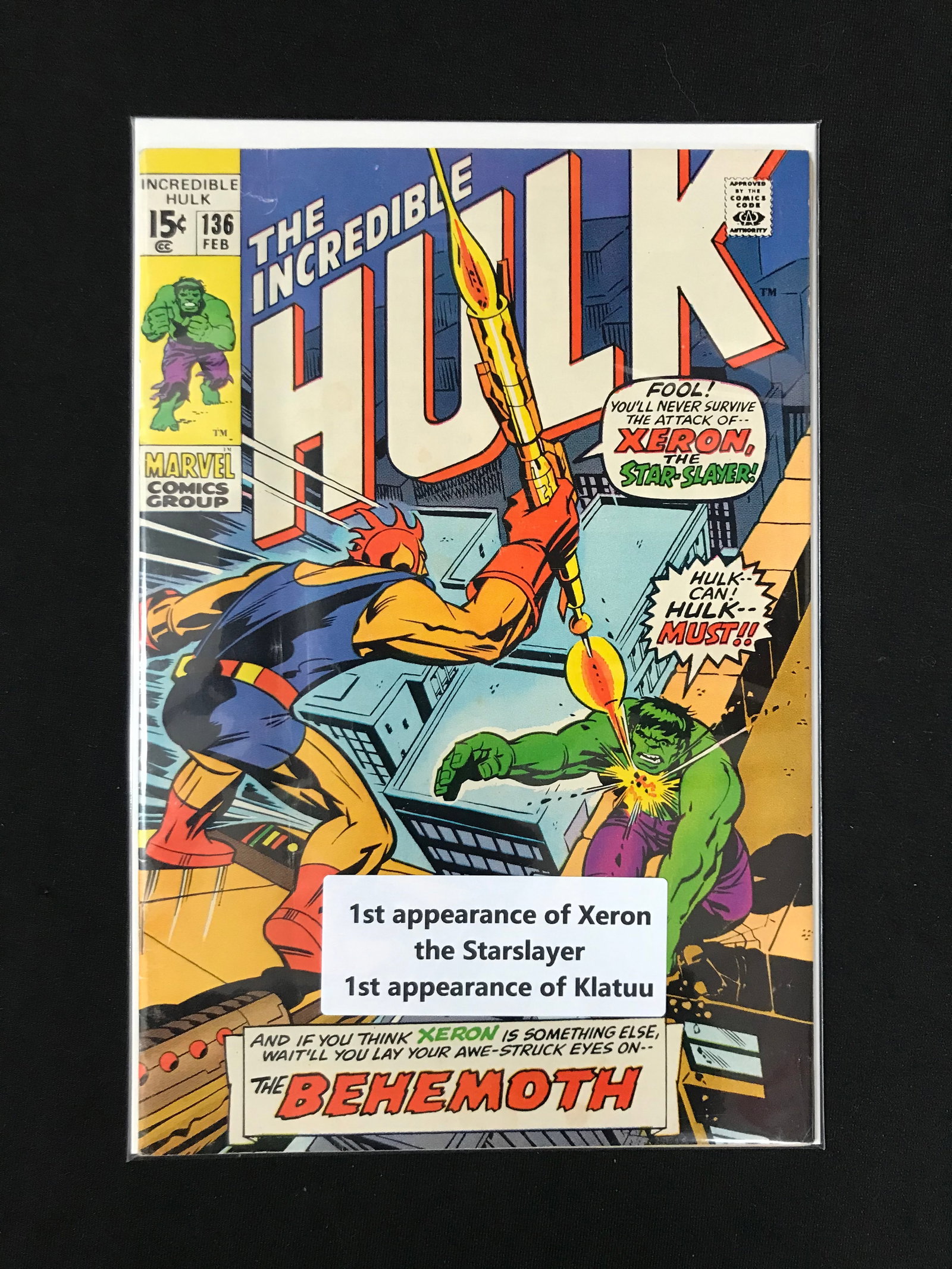 THE INCREDIBLE HULK #136 1ST APPEARANCE OF XERON AND KLATUU (MARVEL COMICS): Prices are in Canadian dollars
