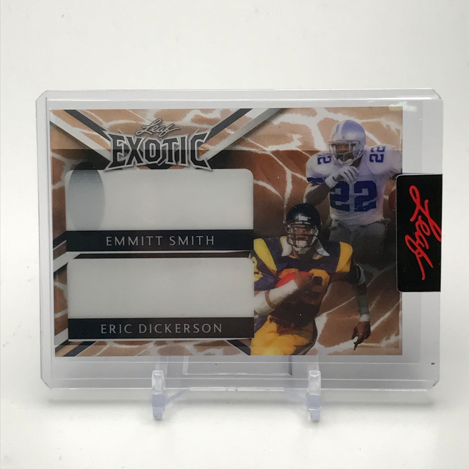 EMMETT SMITH & ERIC DICKERSON LEAF EXOTIC 1/1 PRE-PRODUCTION PROOF (1 of 2)