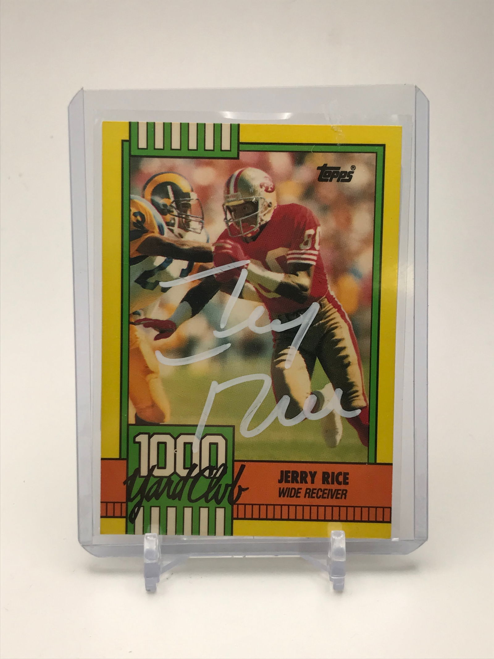 1990 JERRY RICE SIGNED TOPPS 1000 YARD CLUB CARD (COA PROS COA) (1 of 2)