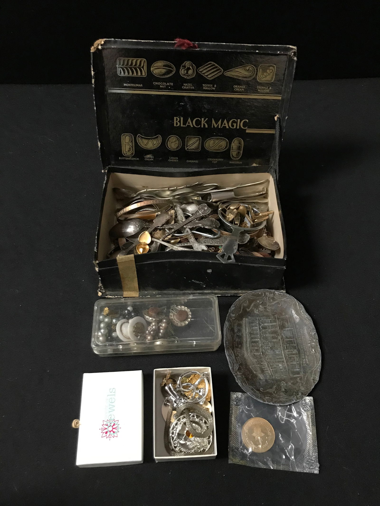 BOX OF VINTAGE SILVERWARE & COSTUME JEWELRY SOME ARE STERLING SILVER (1 of 1)