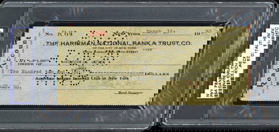 1930 BABE RUTH PAYROLL CHECK FROM THE NEW YORK YANKEES (PSA COA)