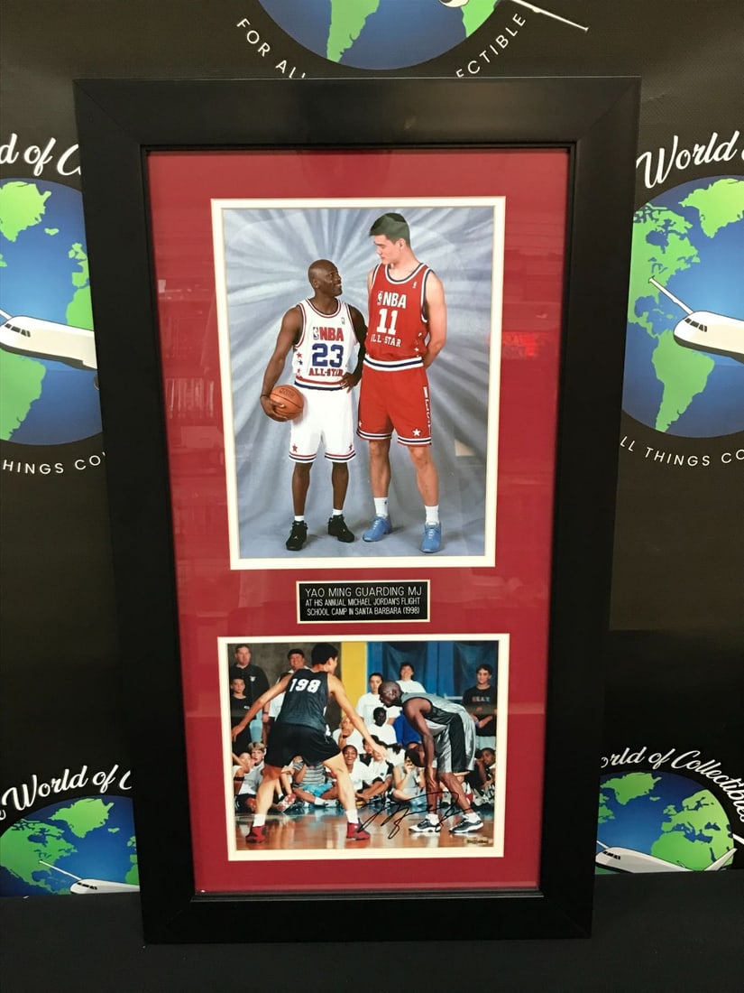 PROFESSIONALLY FRAMED MICHAEL JORDAN SIGNED "YAO MING GUARDING MJ" 8X10 PHOTO (UPPER DECK COA) (1 of 3)