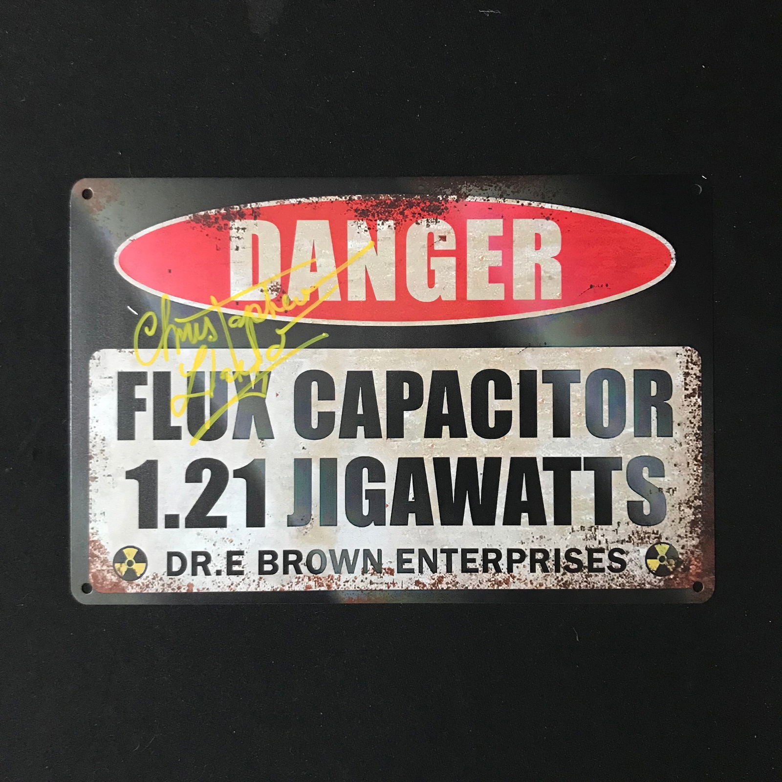 CHRISTOPHER LLOYD SIGNED "BACK TO THE FUTURE" FLUX CAPACITOR DANGER SIGN (WWOC COA) (1 of 1)