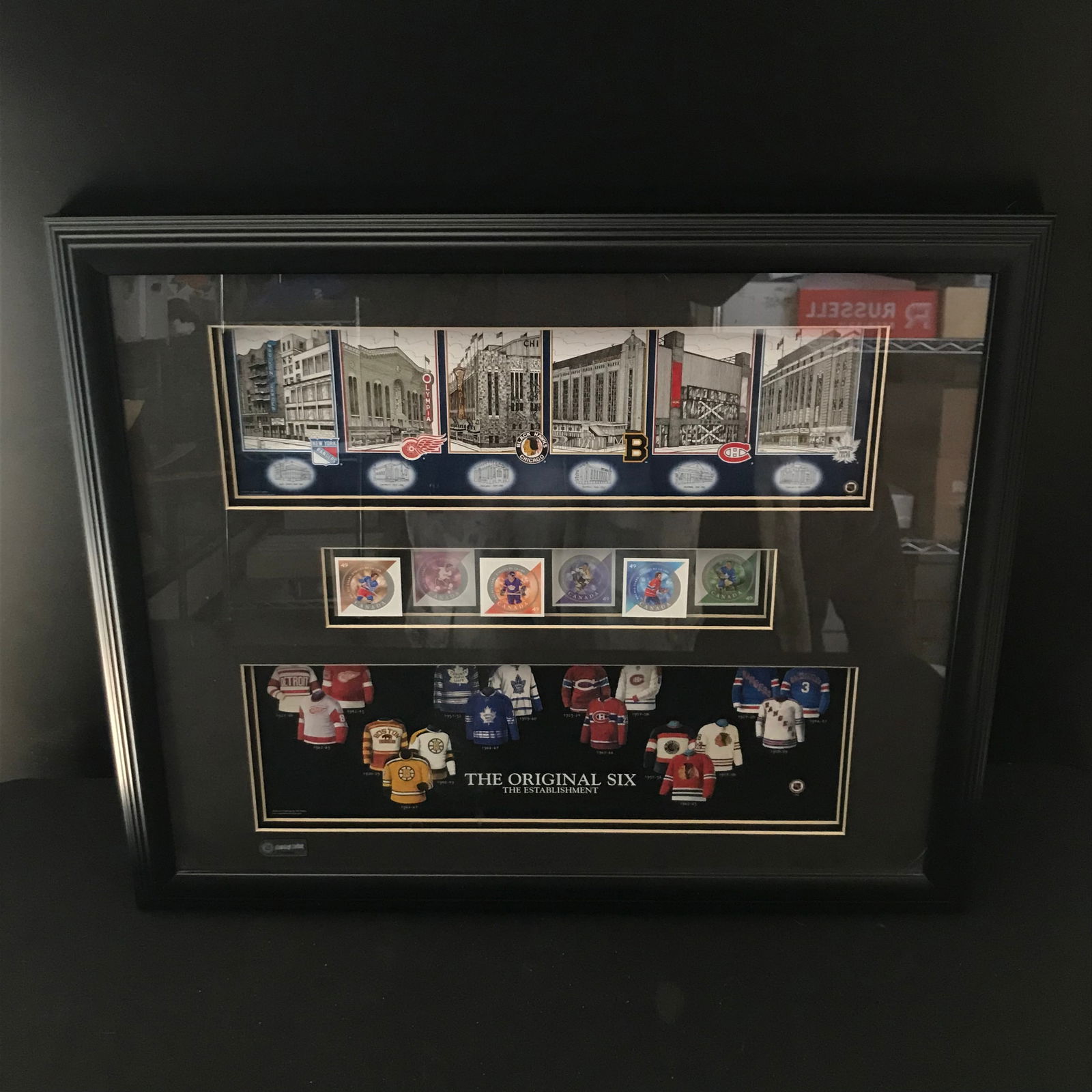 FRAMED ORIGINAL 6 STAMPS AND PICTURE COLLAGE: Prices are in Canadian dollars