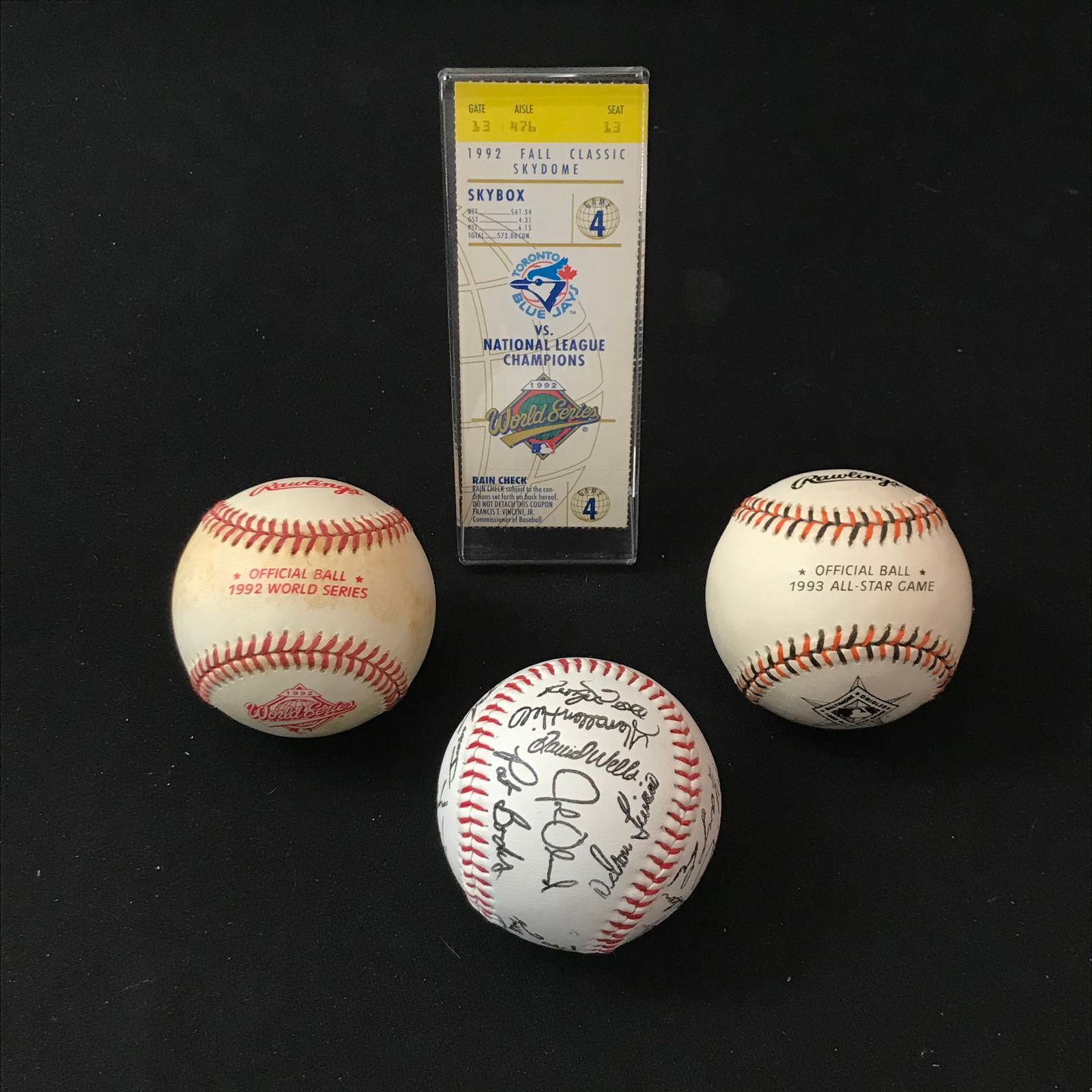 TORONTO BLUE JAYS WORLD SERIES MEMORABILIA LOT (TICKET, BASEBALLS) (1 of 1)