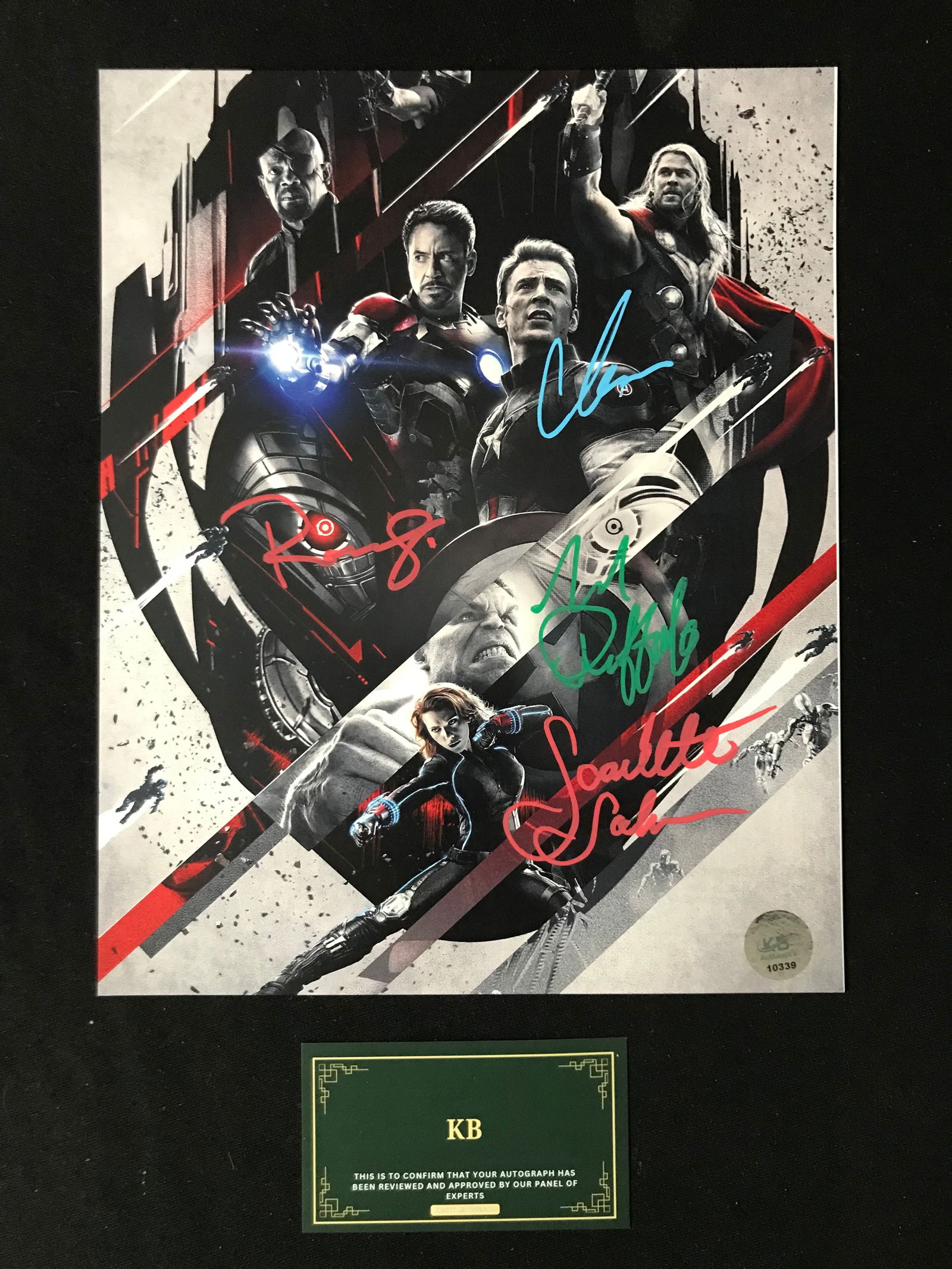 CHRIS EVANS, SCARLETT JOHANNSON, ROBERT DOWNEY JR. & MARK RUFFALO SIGNED 8X10 PHOTO (KB AUTO COA) (1 of 1)