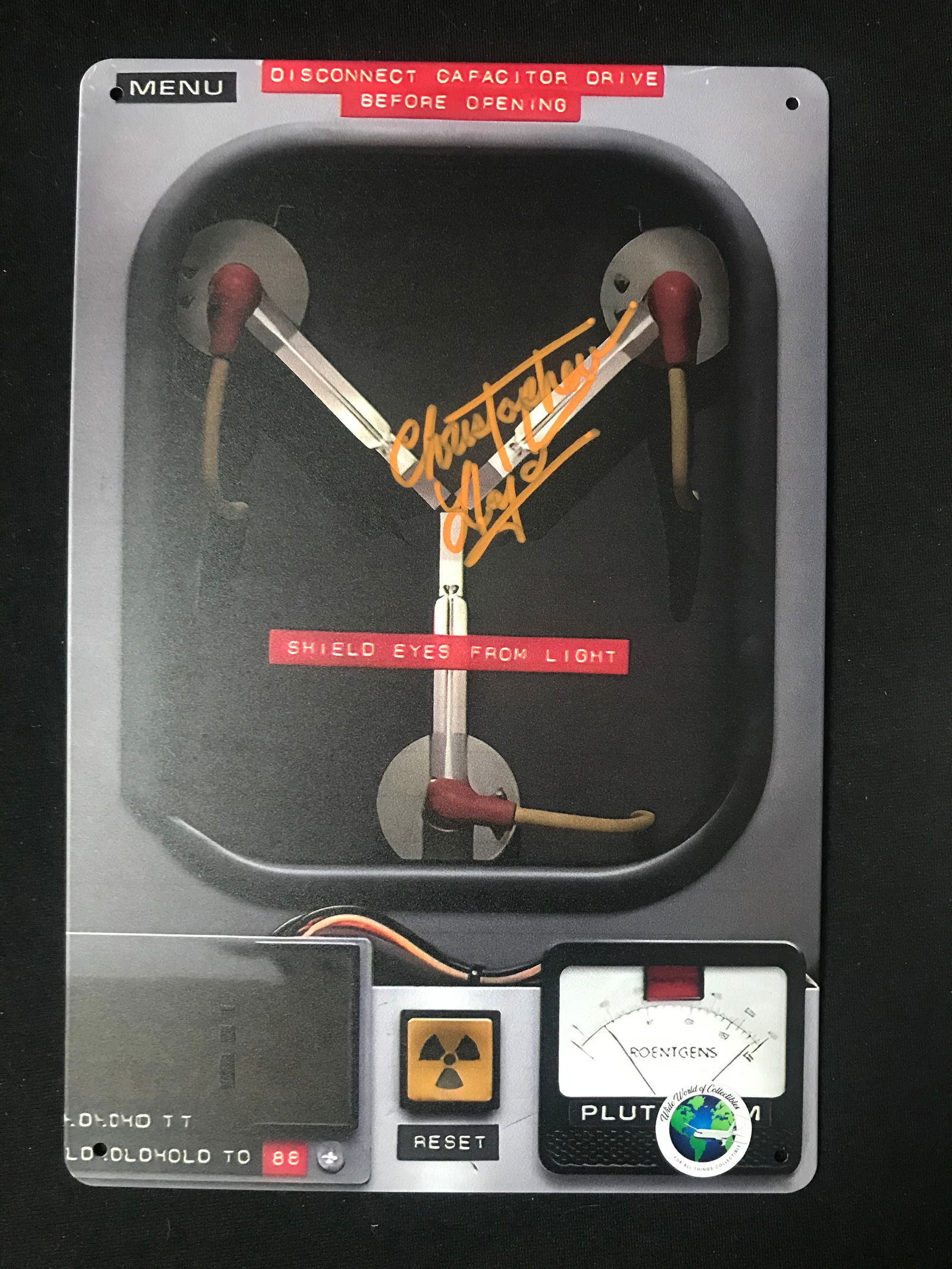 CHRISTOPHER LLOYD SIGNED "BACK TO THE FUTURE" FLUX CAPACITOR DANGER SIGN (WWOC COA) (1 of 1)