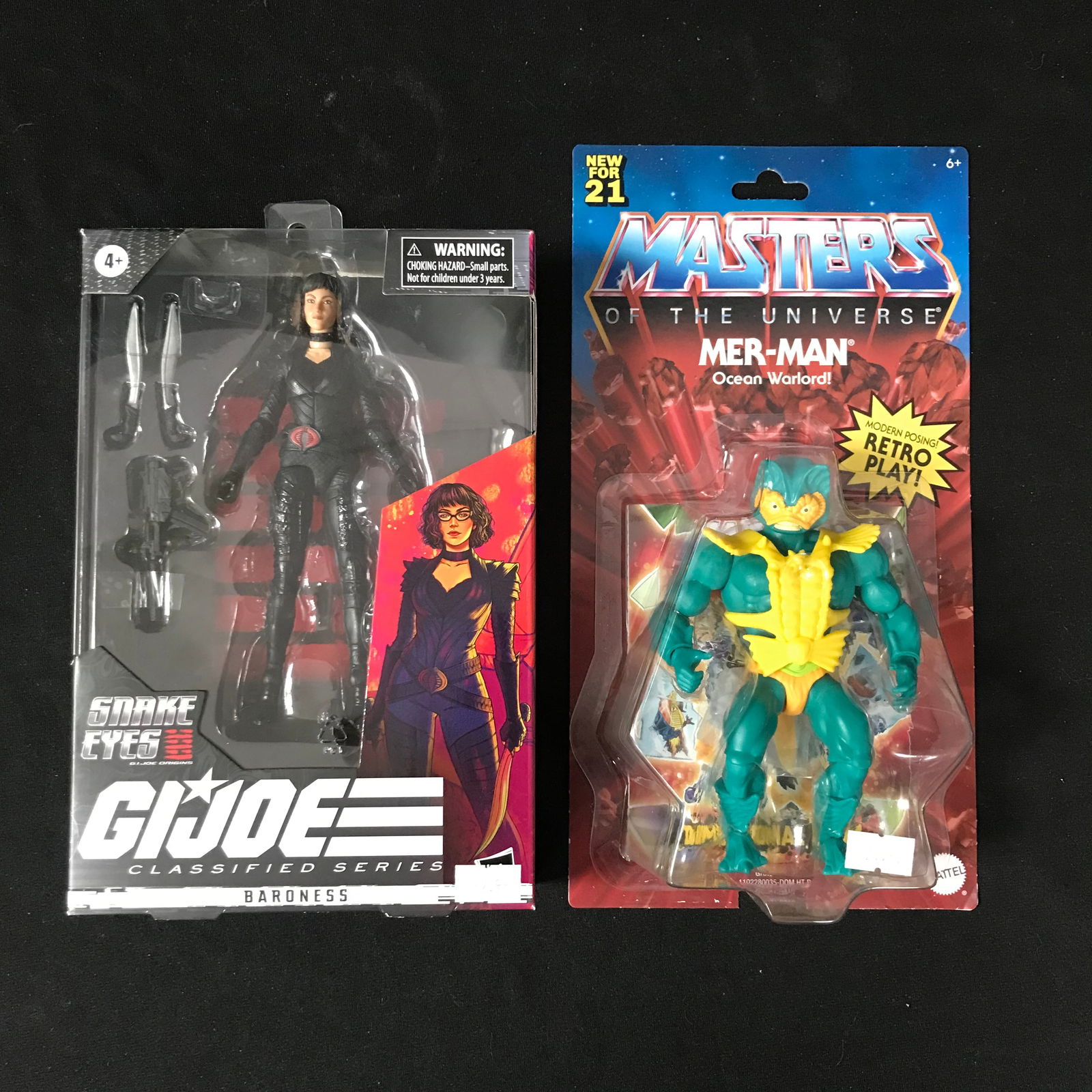 UNOPENED G.I. JOE BARONESS ACTION FIGURE & UNOPENED MASTERS OF THE UNIVERSE MER-MAN ACTION FIGURE: Prices are in Canadian dollars
