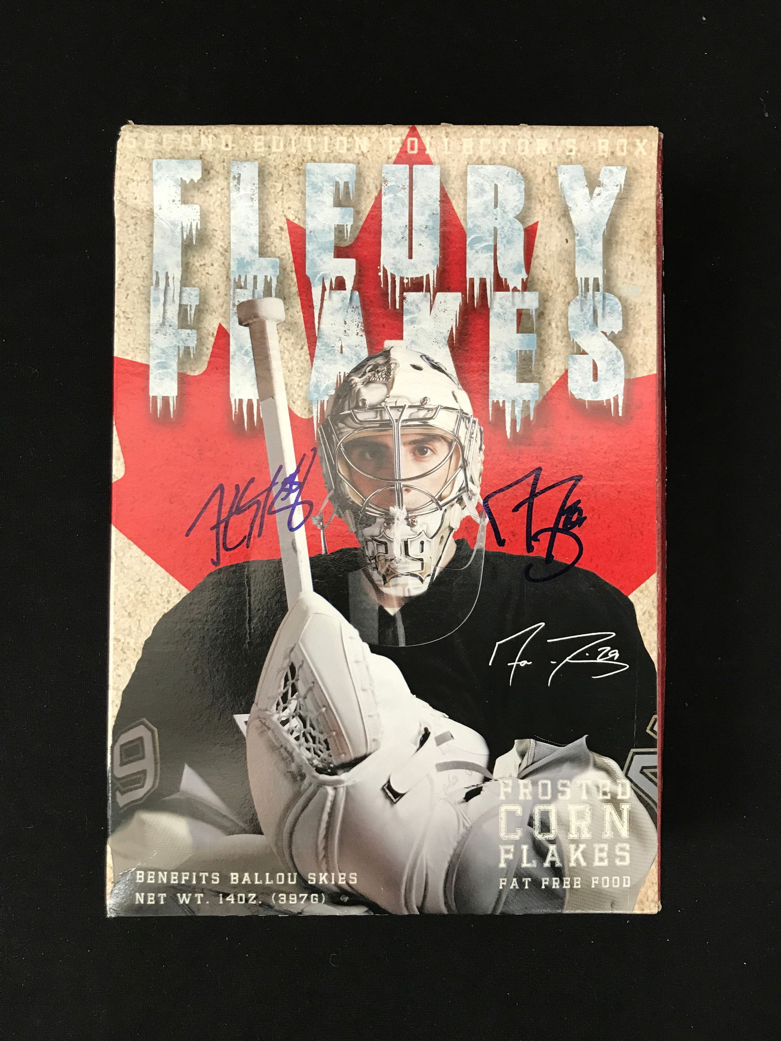 KRIS LETANG AND MARC ANDRE FLEURY SIGNED FLEURY FLAKES CEREAL BOX (1 of 3)