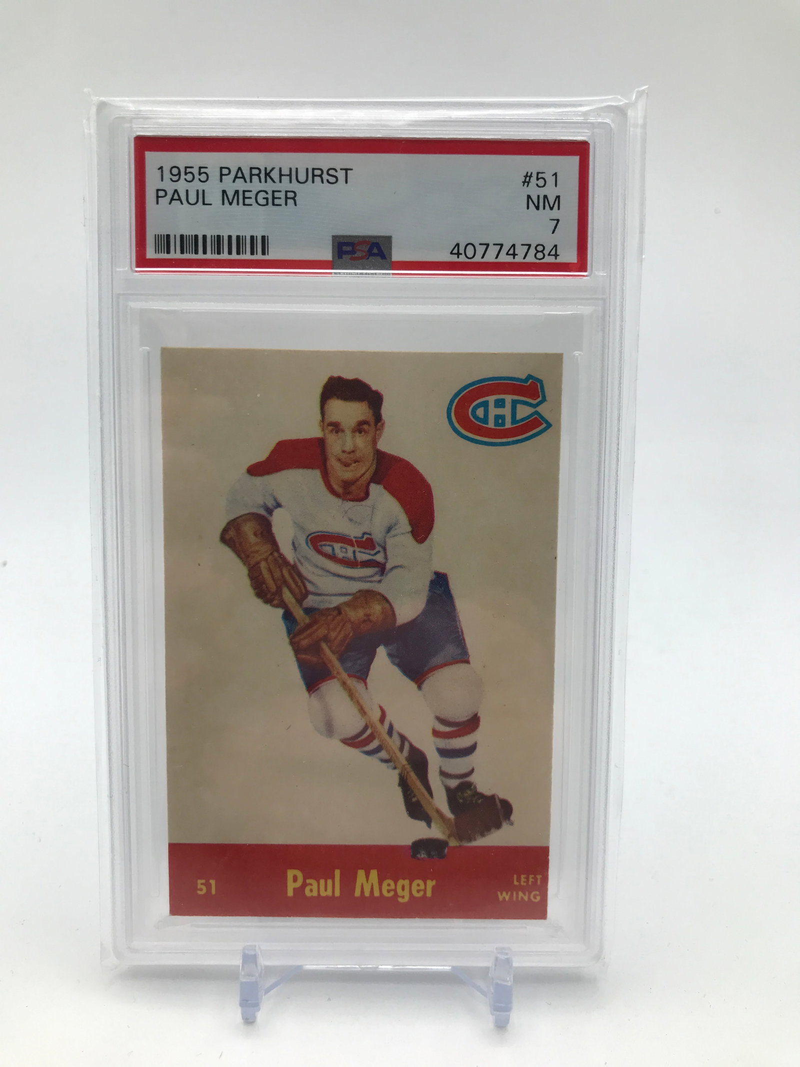 1955 PARKHURST PAUL MEGER HOCKEY CARD (PSA 7): Prices are in Canadian dollars