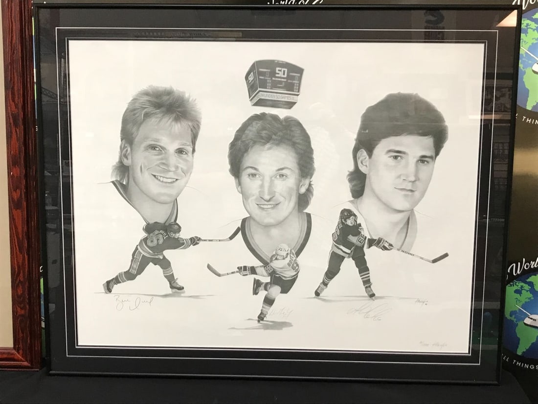 GRETZKY,HULL,LEMIEUX TRIPLE SIGNED LTD EDITION 50/50 CLUB 22 X 30 (1 of 4)