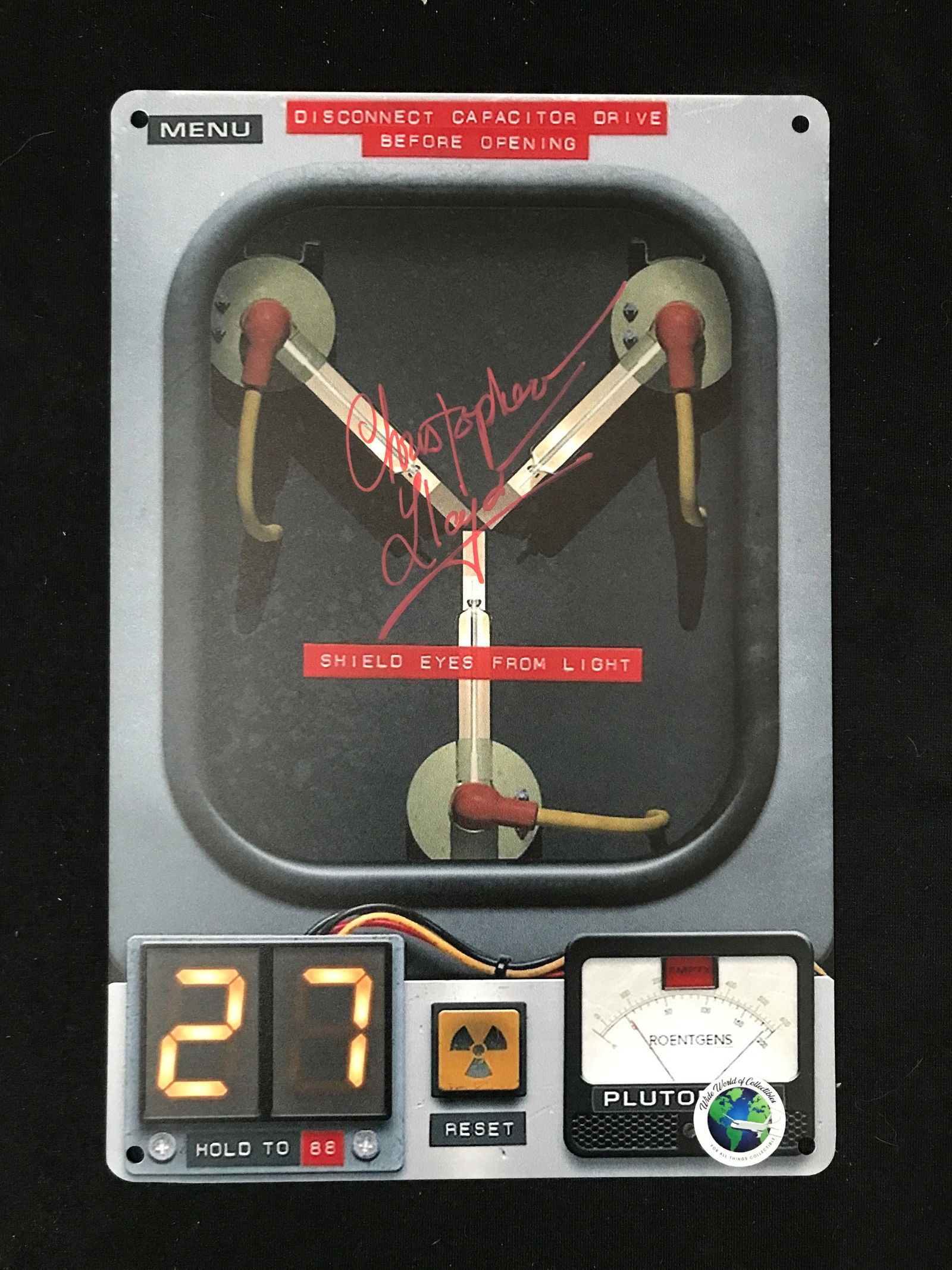 CHRISTOPHER LLOYD SIGNED FLUX CAPACITOR TIN SIGN (WWOC COA) (1 of 1)