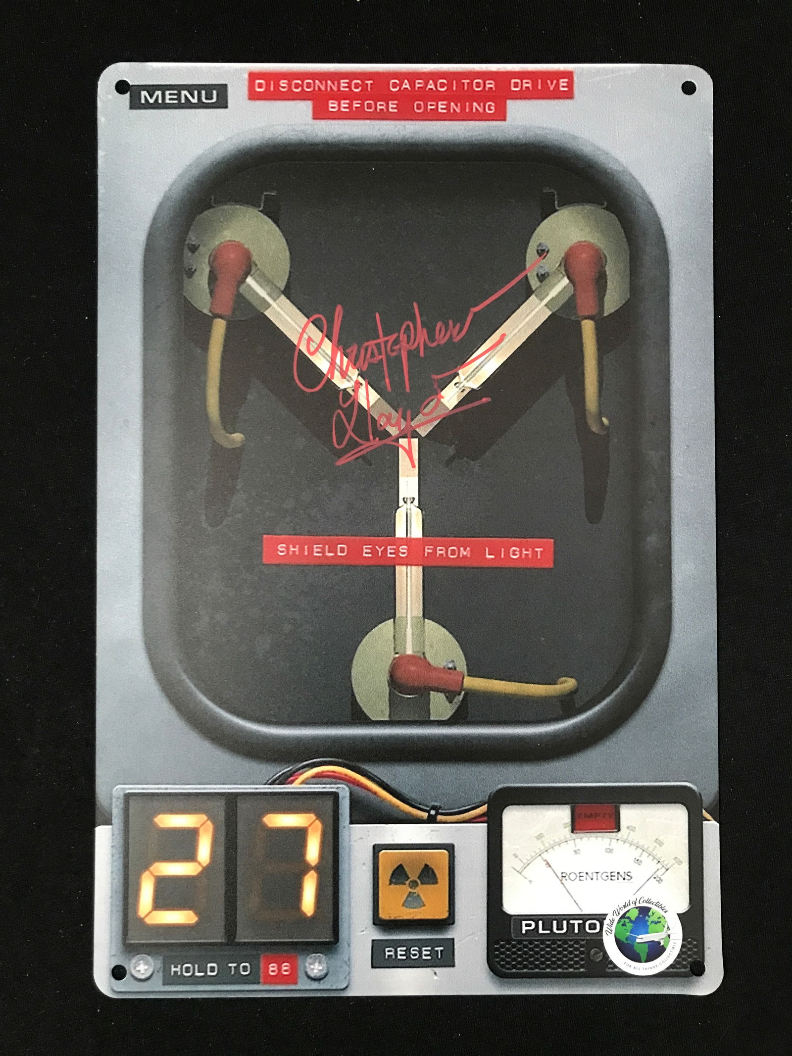 CHRISTOPHER LLYOYD SIGNED TIN FLUX CAPACITOR TIN SIGN WWOC COA (1 of 1)