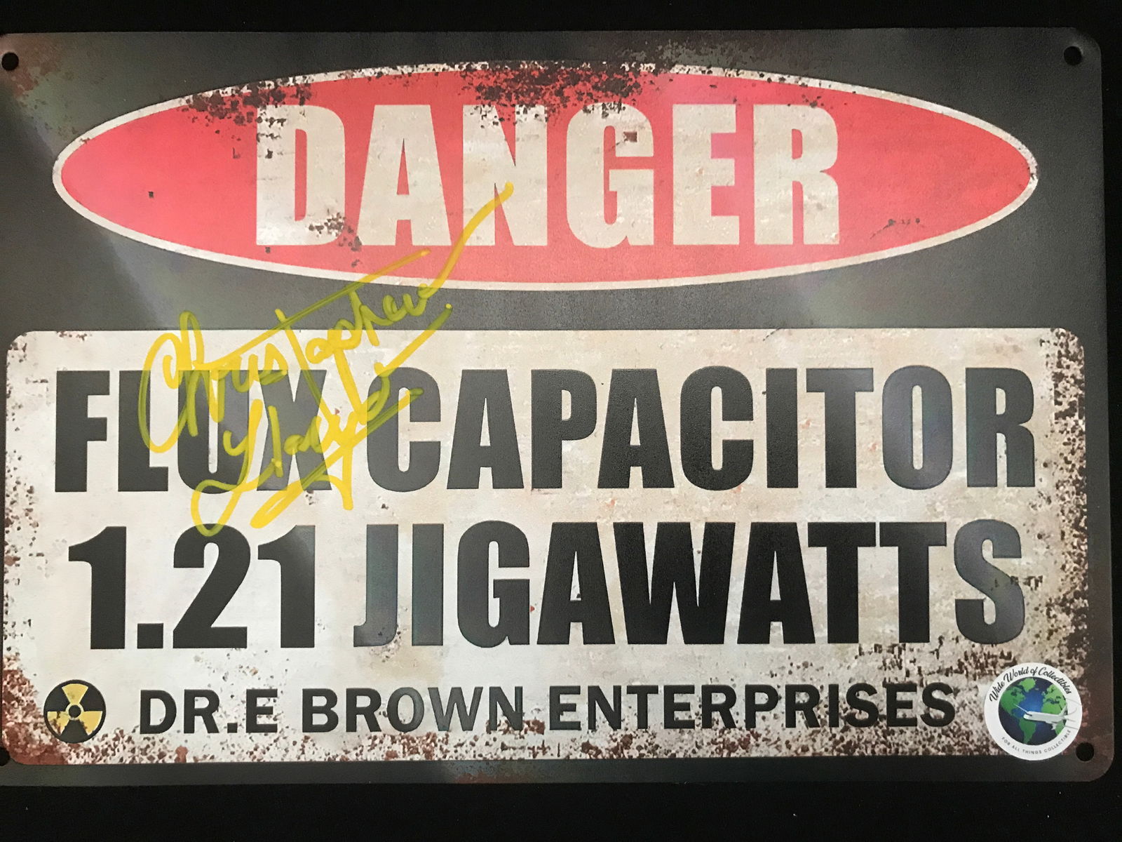 CHRISTOPHER LLOYD SIGNED FLUX CAPACITOR TIN SIGN (WWOC COA) (1 of 1)