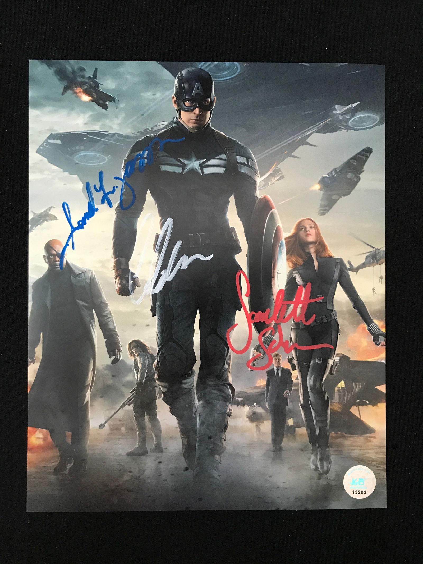 TRIPLE SIGNED CAPTAIN AMERICA 8X10 - SAMUEL L JACKSON, CHRIS EVANS, SCARLET JOHANNSON - KB COA (1 of 1)