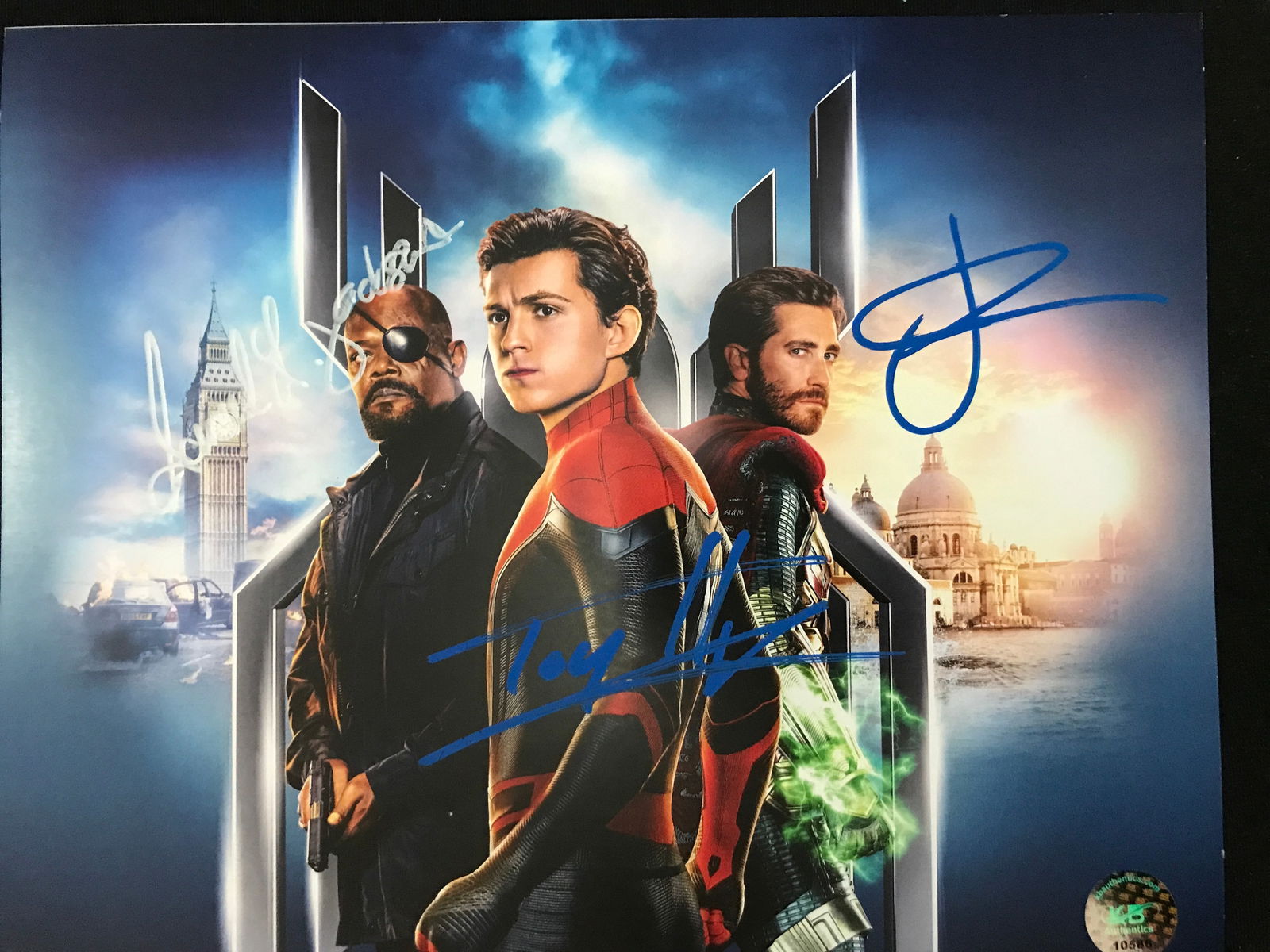 TOM  HOLLAND, SAMUEL L JACKSON AND JAKE GYLLENAHAAL SIGNED SPIDER-MAN 8 X 10 (KB COA) (1 of 1)
