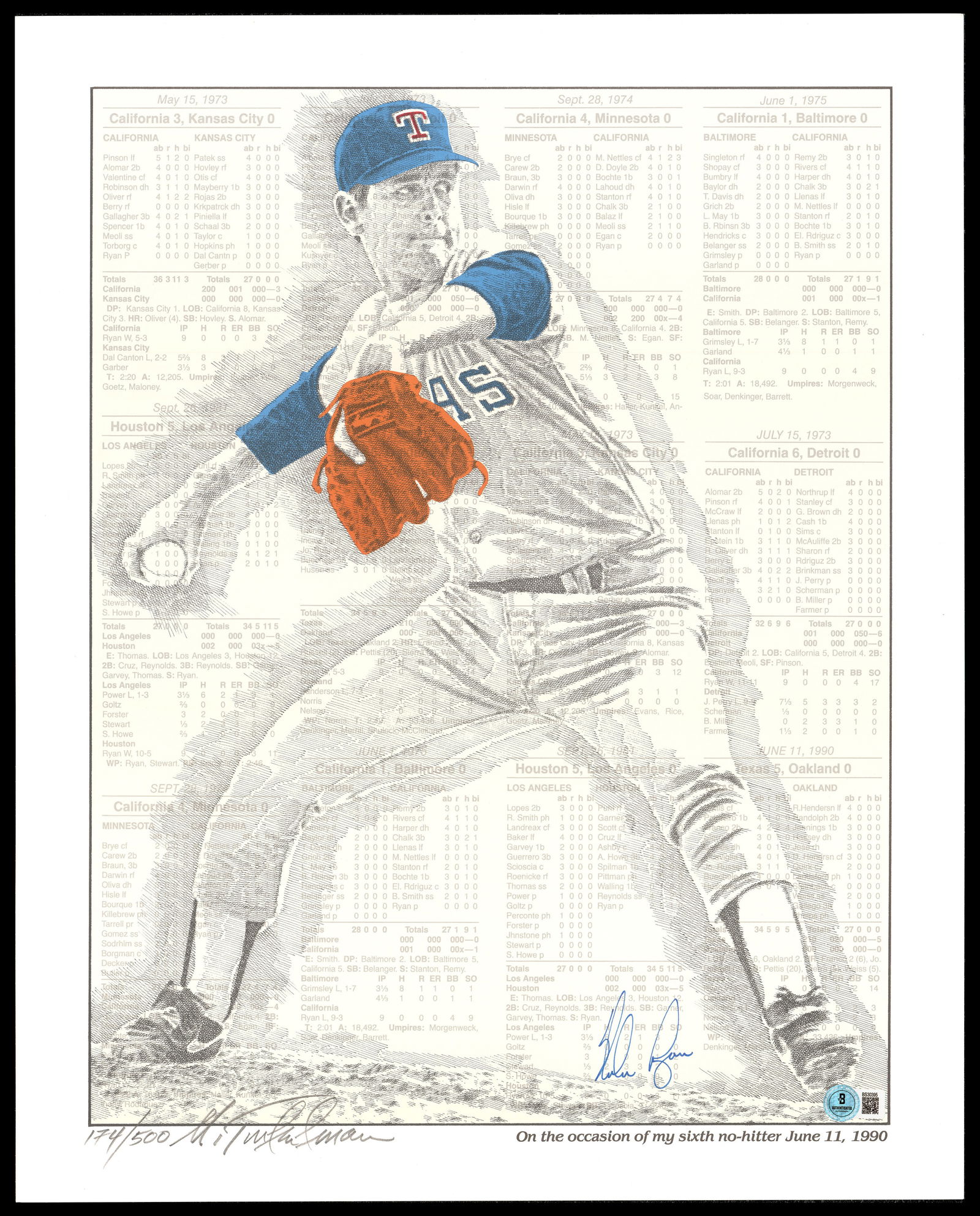 Nolan Ryan Autographed 16x20 Lithograph Photo Texas Rangers #174/500 Beckett (1 of 1)
