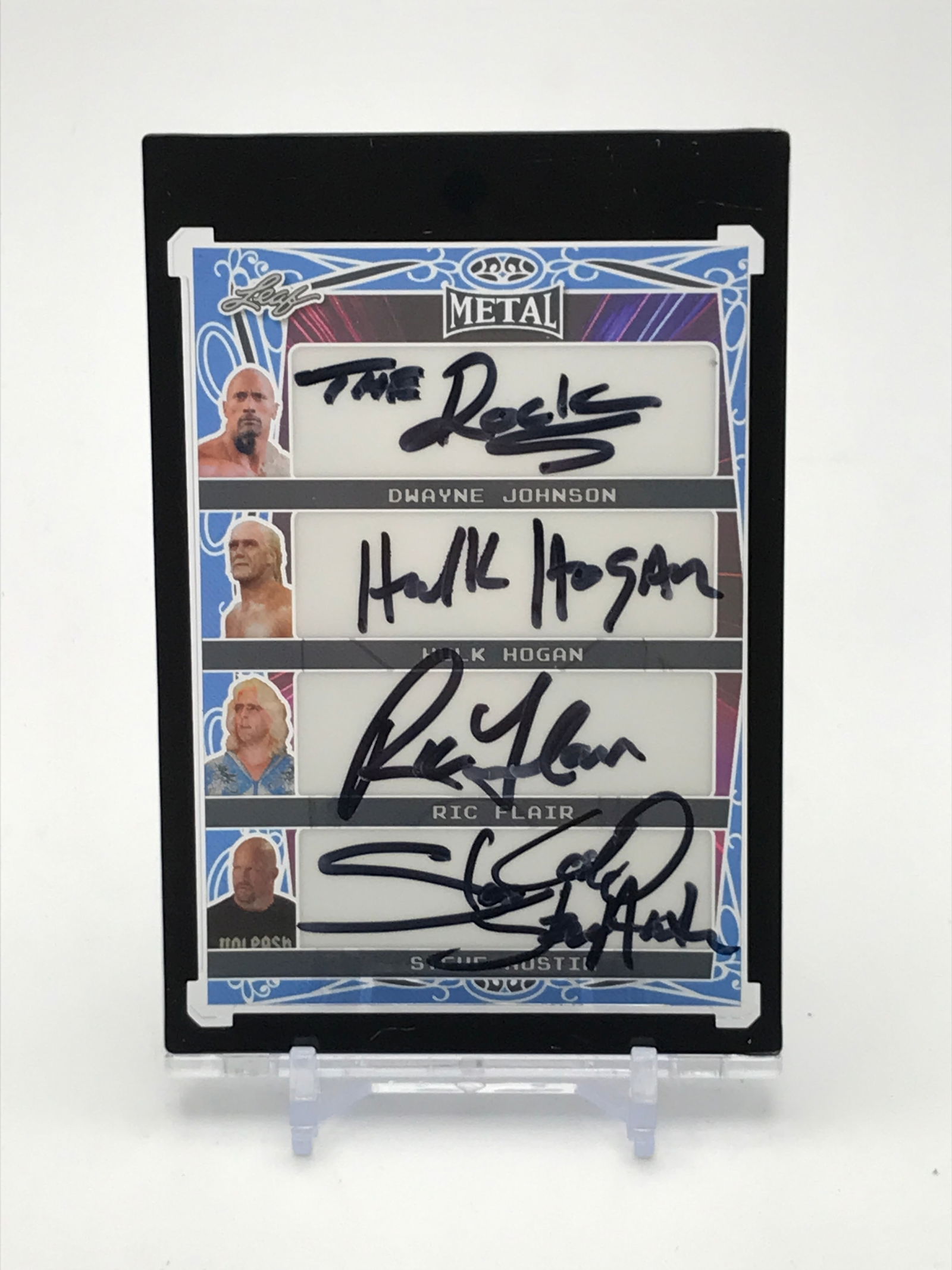 1/1 QUAD SIGNED LEAF METAL CARD - HULK HOGAN, THE ROCK, STEVE AUSTIN AND RIC FLAIR!!! (1 of 2)