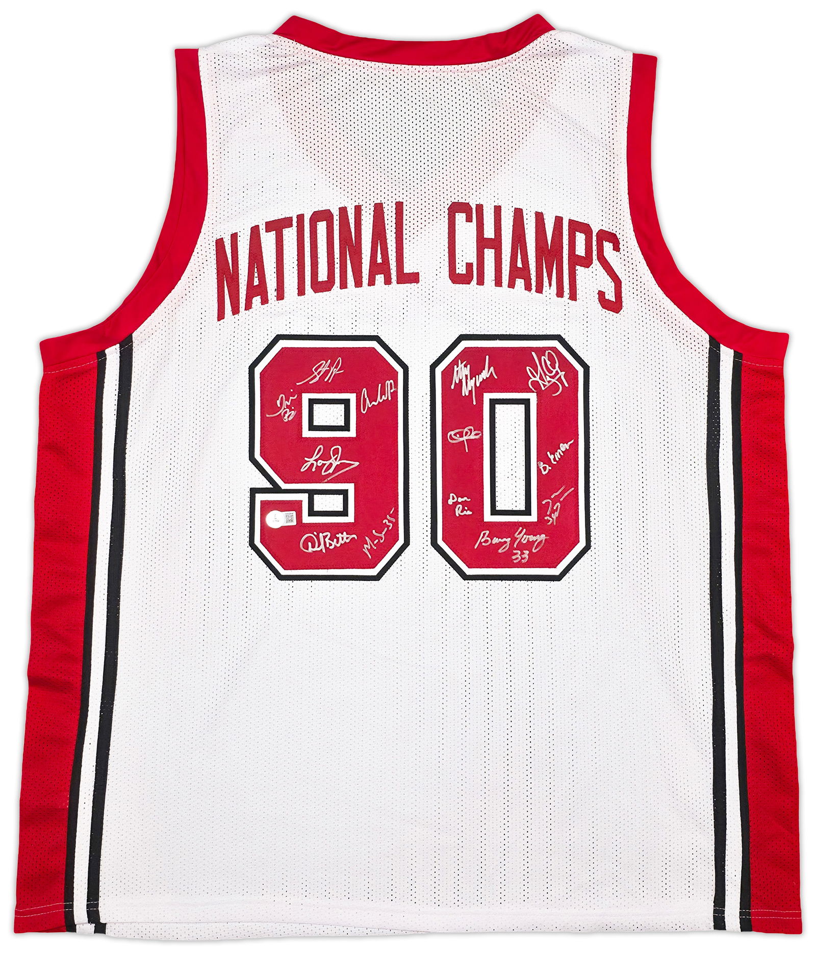 UNLV Runnin Rebels 1990 NCAA Champions Autographed Red Jersey signed by 13 beckett coa: This is a Red Jersey that has been hand signed by 13 members of the 1990 NCAA Champions UNLV Runnin' Rebels, including Larry Johnson.Prices are in Canadian dollars