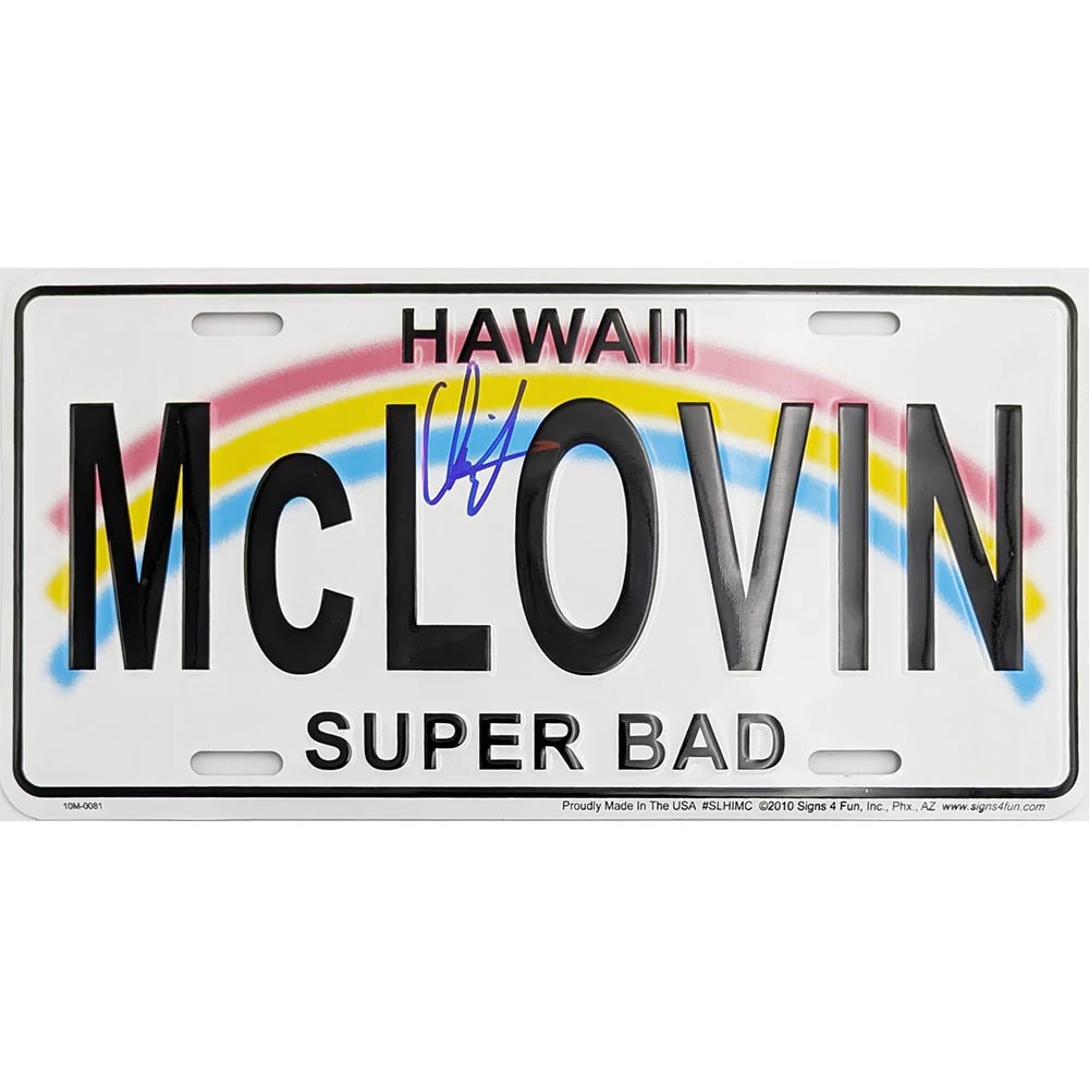 CHRISTOPHER MINTZ PLASSE SIGNED MCLOVIN LICENSE PLATE - WWOC COA: Prices are in Canadian dollars