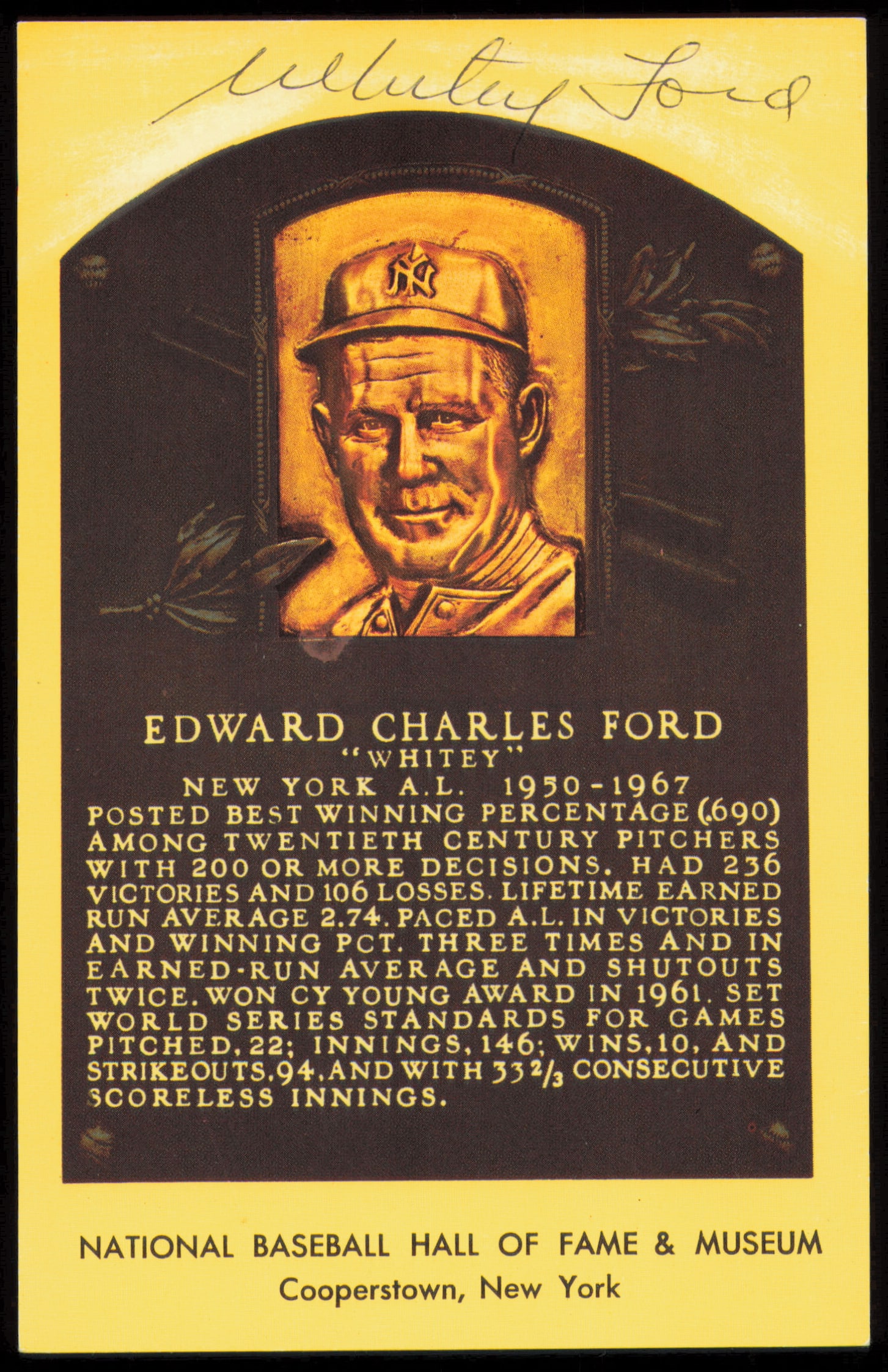 WHITEY FORD SIGNED HALL OF FAME POST CARD WITH COA: Prices are in Canadian dollars