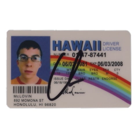 CHRSTOPHER MINTZ PLASSE SIGNED MCLOVIN DRIVING LICENSE - PSA COA: Prices are in Canadian dollars