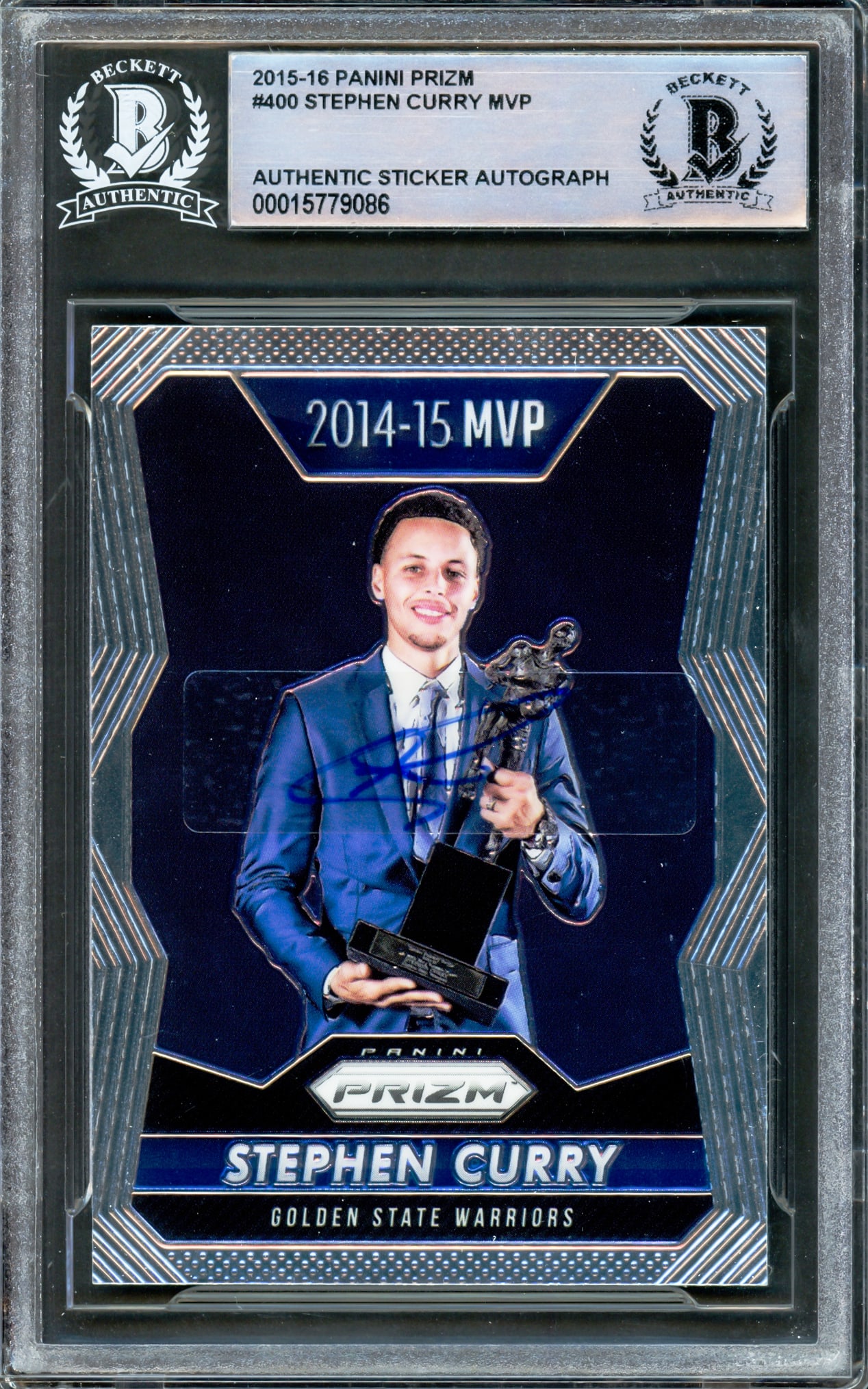 2015-16 PANINI PRIZUM STEPHEN CURRY MVP AUTHENTIC STICKER AUTOGRAPH ON TRADING CARD - BECKETT COA (1 of 2)