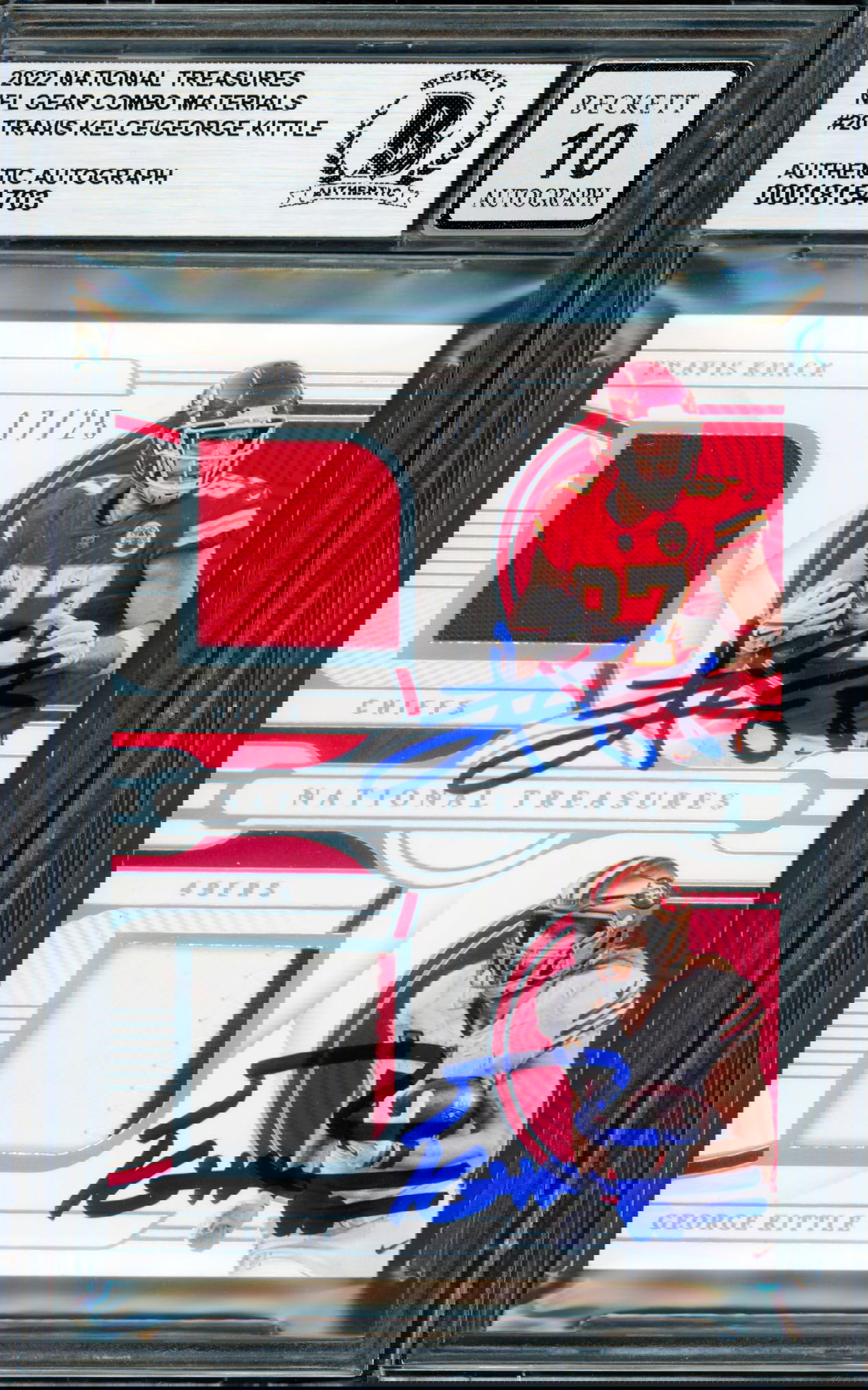 2022 NATIONAL TREASURES NFL GEAR COMBO MATERIALS TRAVIS KELCE & GEORGE KITTLE DUAL SIGNED - BECKETT (1 of 2)