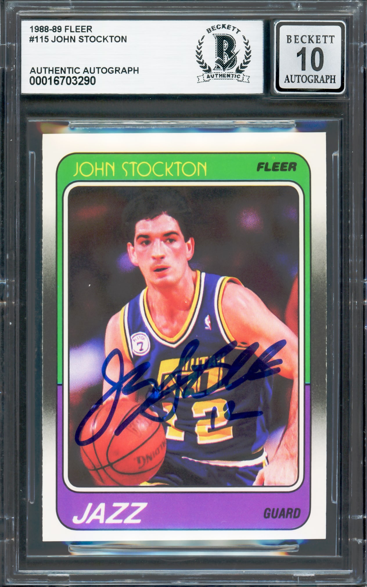 1988-89 FLEER JOHN STOCKTON SIGNED ROOKIE CARD - BECKETT GRADE 10 (1 of 2)