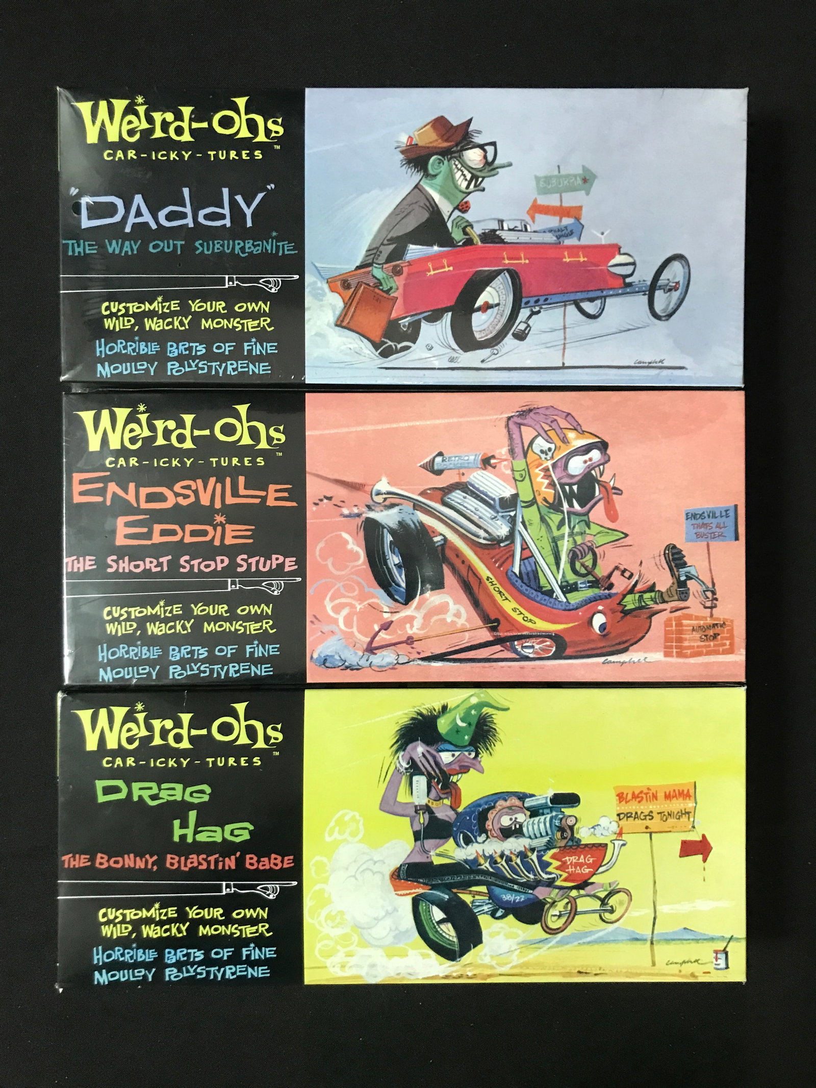 LOT OF 3 WEIRD - OHS CAR-ICKY-TURES SETS IN ORIGINAL PACKAGING: Prices are in Canadian dollars