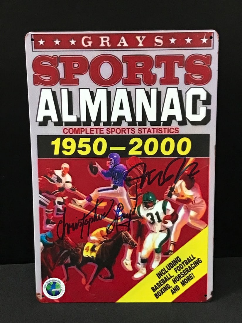 CHRISTOPHER LLOYD AND MICHAEL J FOX DUAL SIGNED ALMANAC TIN SIGN - WWOC COA: Prices are in Canadian dollars