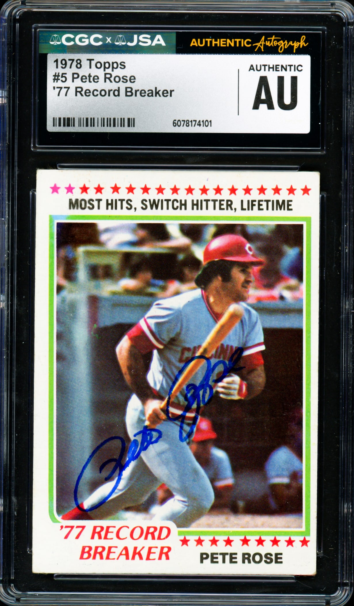 1978 TOPPS PETE ROSE '77 RECORD BREAKER SIGNED TRADING CARD - CGCG/JSA COA (1 of 2)