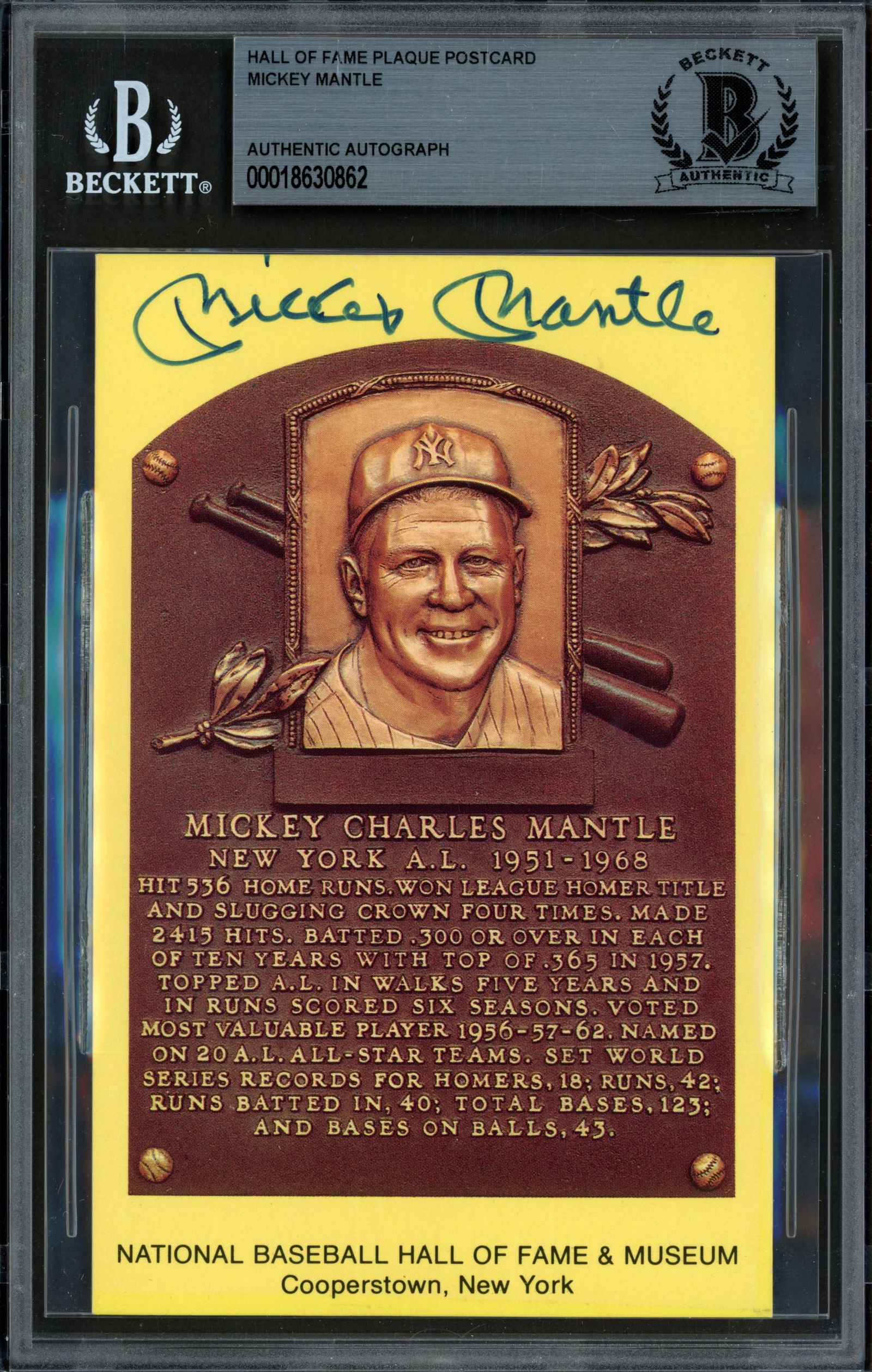 HALL OF FAME PLAQUE POSTCARD SIGNED BY MICKEY MANTLE - BECKETT COA (1 of 2)