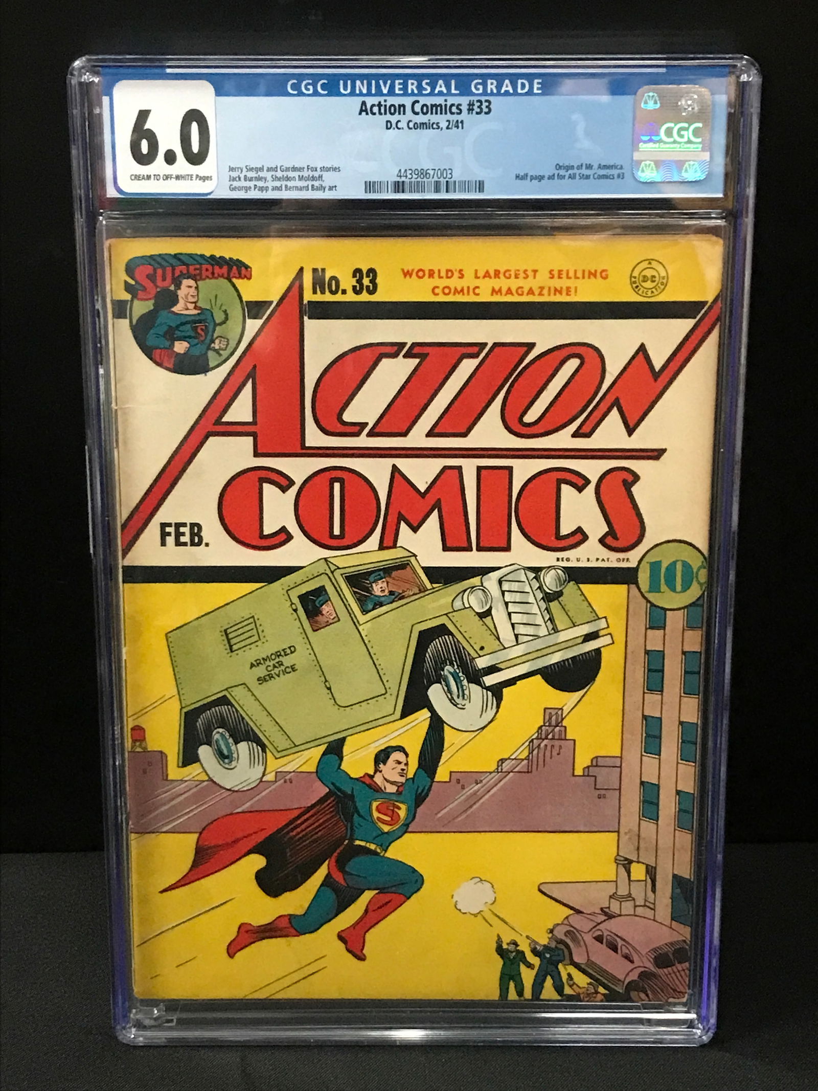 BIG KEY ACTION COMICS NO.33 BY DC COMICS (ORIGIN OF MR AMERICA) - CGC GRADE 6 (1 of 2)