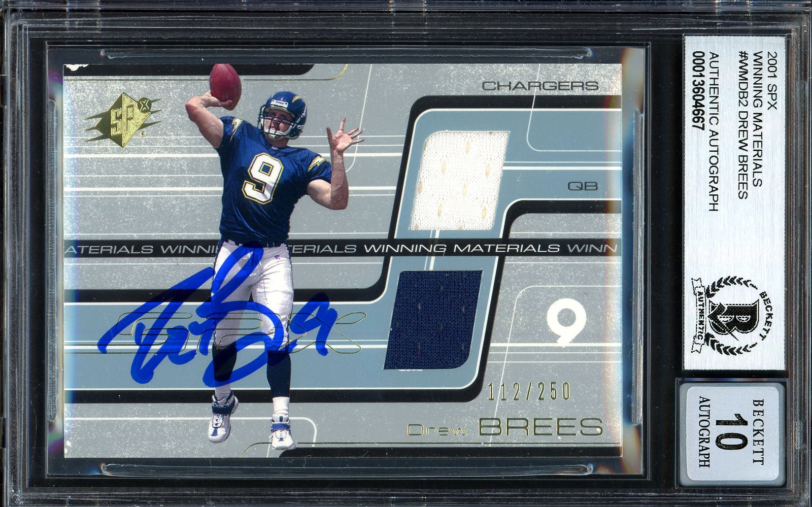 2001 SPX WINNING MATERIALS DREW BREES SIGNED ROOKIE CARD - BECKETT GRADE 10 (1 of 2)