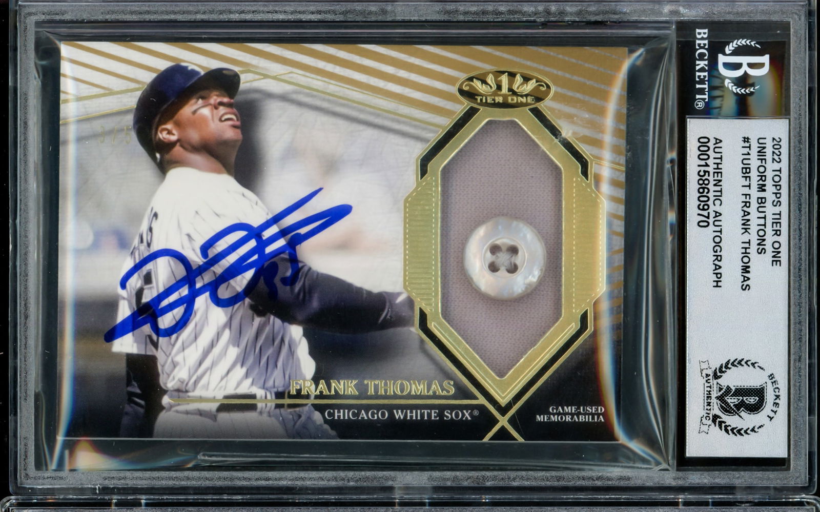 2022 TOPPS TIER ONE UNIFORM BUTTONS FRANK THOMAS SIGNED TRADING CARD 3/5 - BECKETT COA (1 of 2)