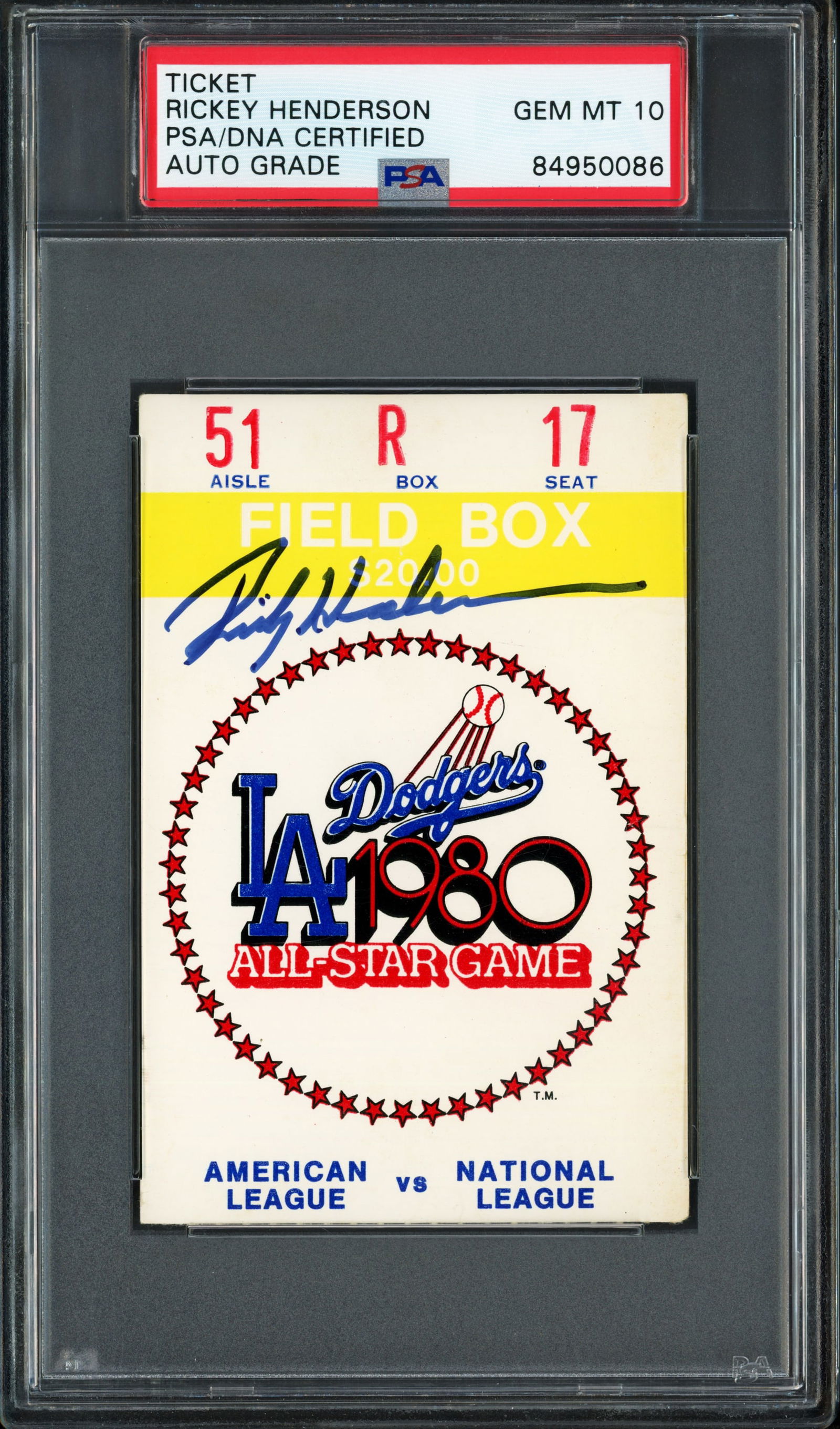 RICKEY HENDERSON SIGNED L.A DODGERS 1980 ALL STAR GAME TICKET - PSA GRADE 10 (1 of 2)