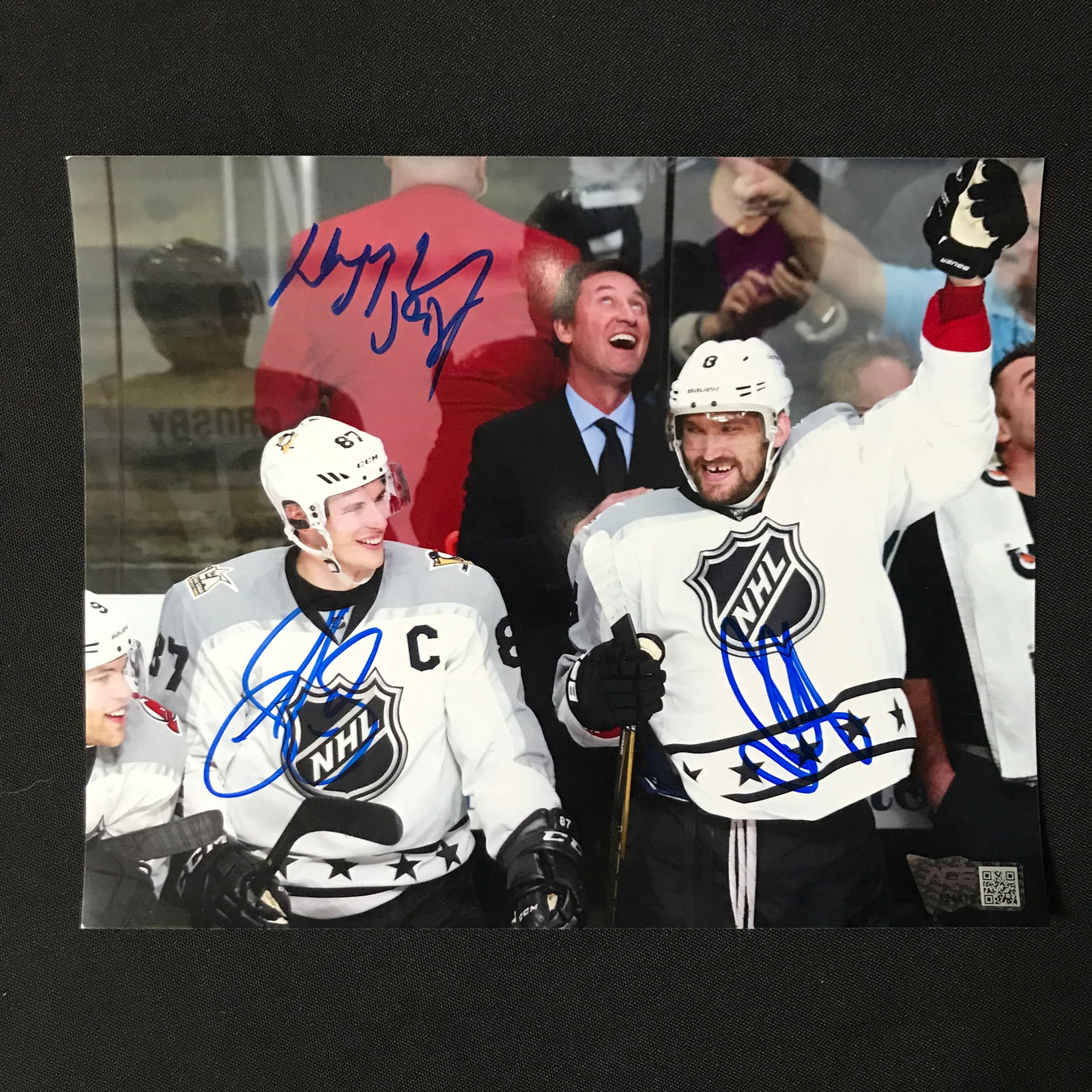 WAYNE GRETZKY, SIDNEY CROSBY AND ALEX OVECHKIN TRIPLE SIGNED 8X10 - ACE COA: Prices are in Canadian dollars