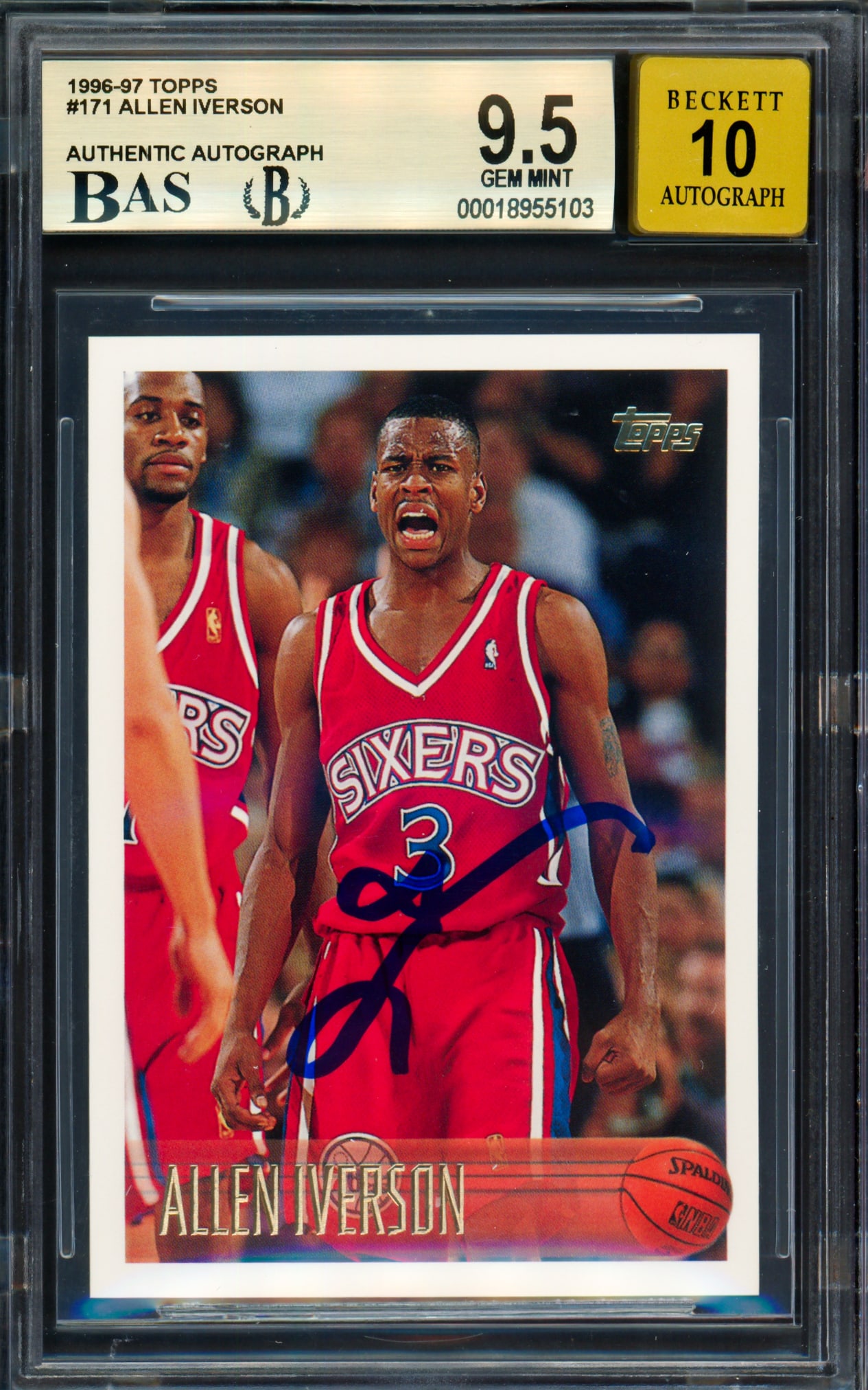 1996-97 TOPPS ALLEN IVERSON SIGNED TRADING CARD - BECKETT GRADE 9.5 ON CARD 10 ON AUTOGRAPH (1 of 2)