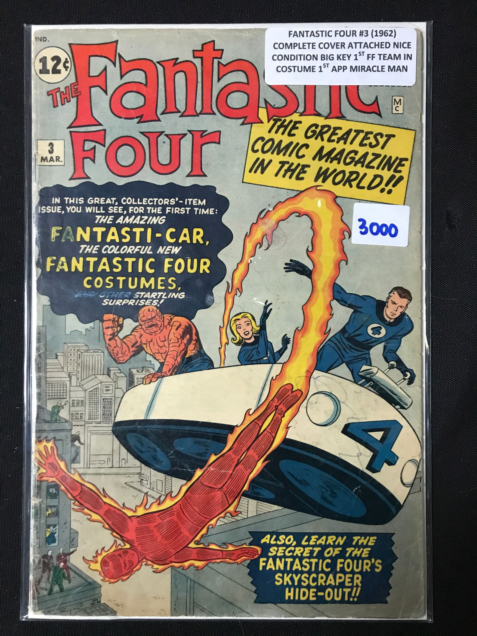FANTASTIC FOUR #3 (1962) COMPLETE COVER ATTACHED 1ST FF TEAM IN COSTUME & 1ST APP MIRACLE MAN: Prices are in Canadian dollars